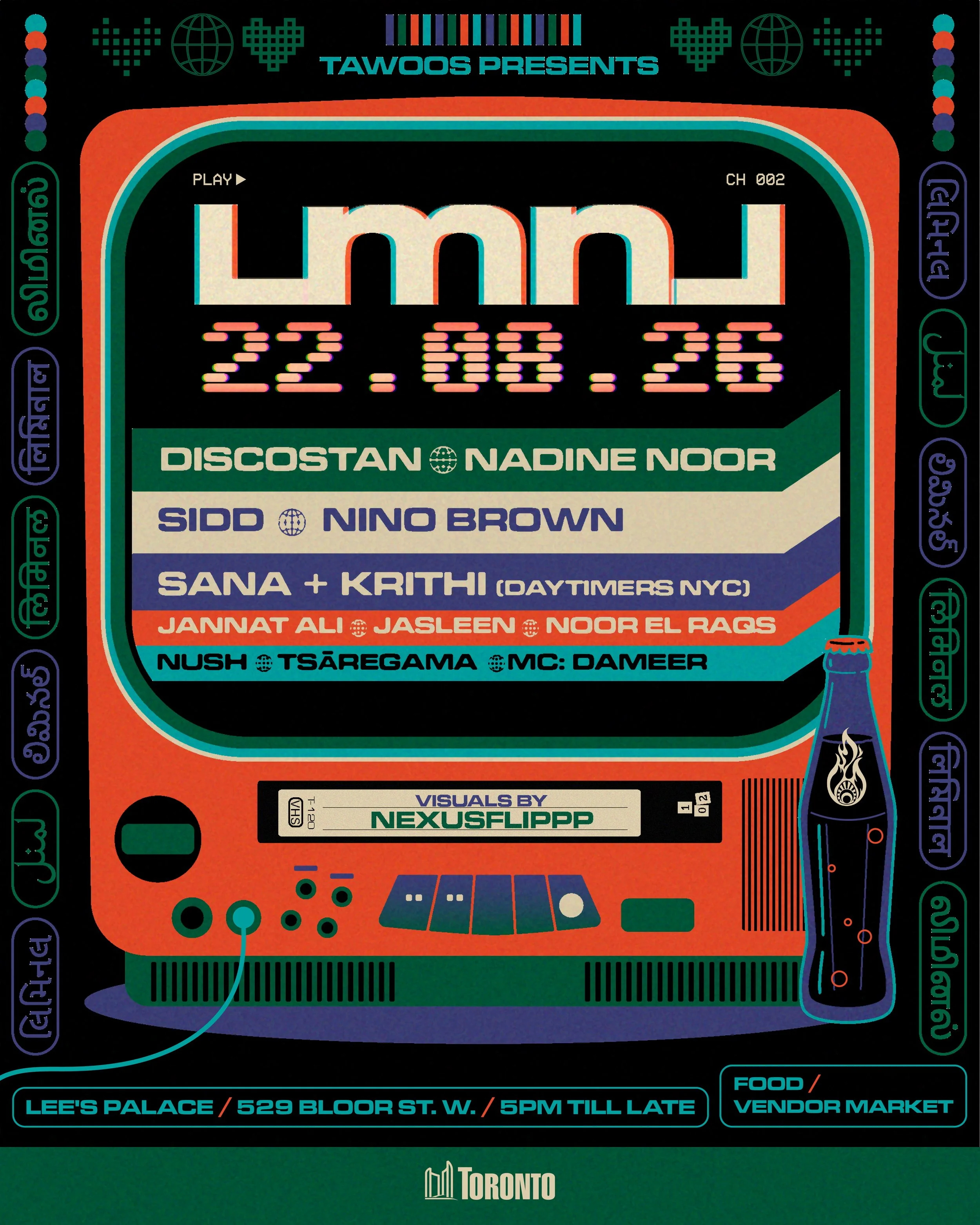 A colorful digital artwork resembling a futuristic control panel or TV screen with various text, symbols, and decorative elements. Notable text includes names like Nadine Noor, Nino Brown, Sana + Krithi, Jannat Ali, Jasleen Noor El Rags, and others, along with a logo for Toronto at the bottom. The design features bright neon colors, geometric shapes, and stylized icons, creating a cyberpunk aesthetic.