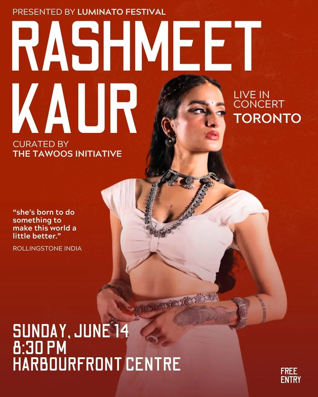 Poster for a live concert of Rasmmeet Kaur in Toronto on June 14 at 8:30 PM at Harbourfront Centre, curated by The Tawoos Initiative, with a quote from Rolling Stone India.