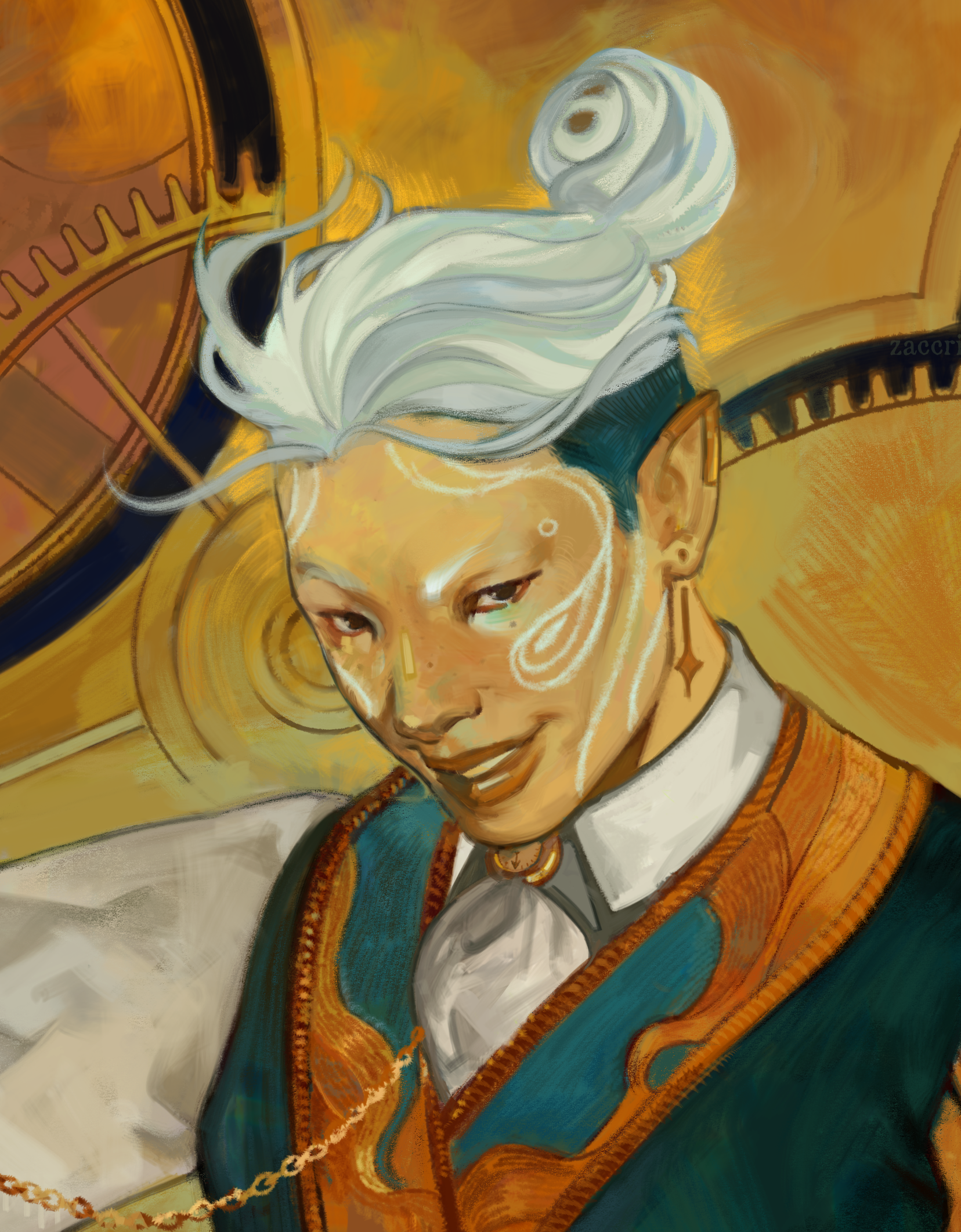 A stylized portrait of a woman with white, flowing hair and a confident expression, set against a vibrant, abstract background with clock motifs and warm hues.