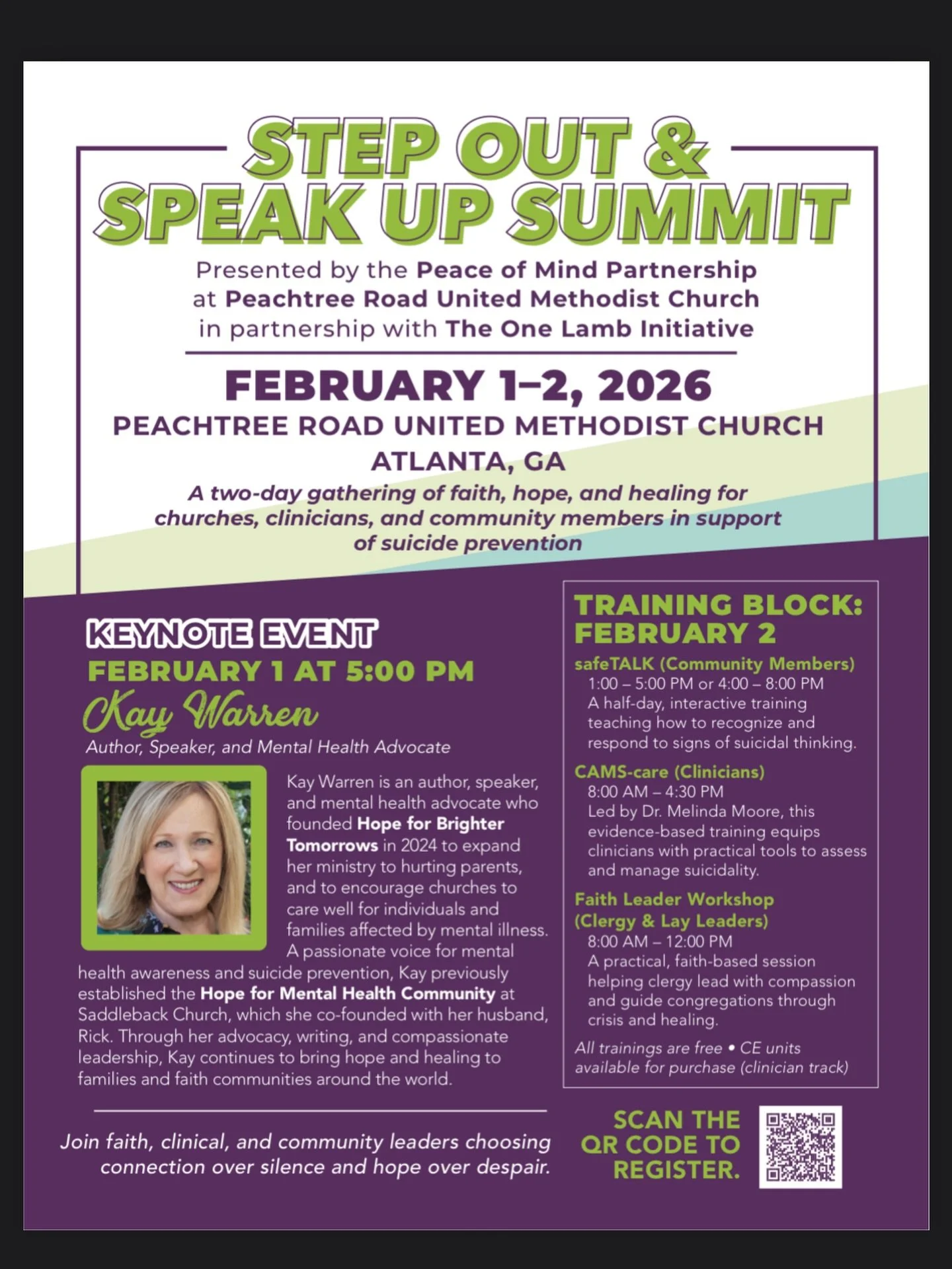 February 1 at 5:00 p.m.
Join Kay Warren &mdash; author, speaker, co-founder of Saddleback Church, and nationally recognized mental health advocate. After the loss of her son Matthew to suicide, Kay has dedicated her ministry to breaking stigma and he
