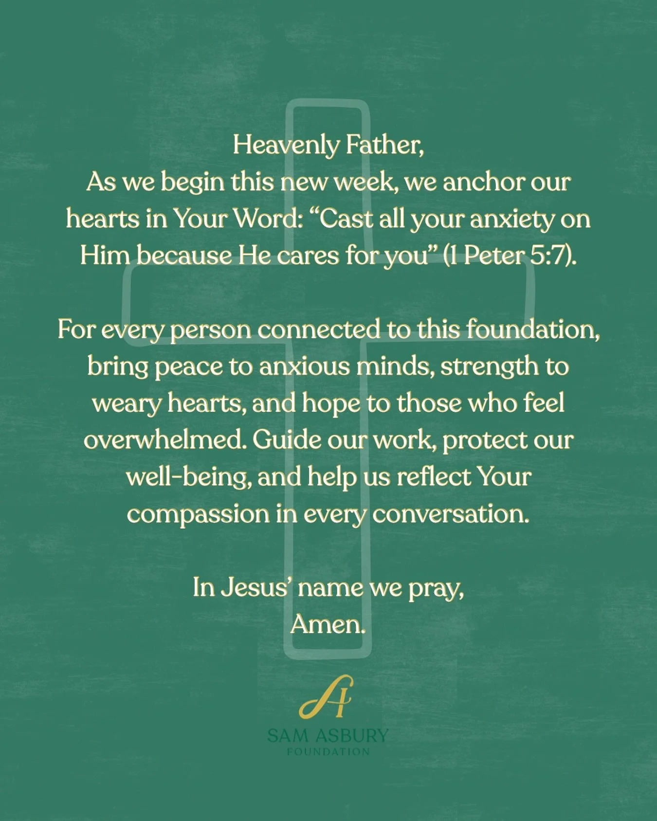 New week, steady hearts &mdash; &ldquo;Cast all your anxiety on Him because He cares for you.&rdquo; (1 Peter 5:7)