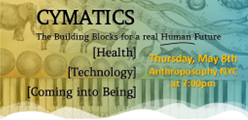 Text on an orange and teal background discussing cymatics, the building blocks for a real human future, health, technology, and coming into being. An event titled 'Thursday, May 8th, Anthropology NYC at 7:00 pm' is also mentioned.