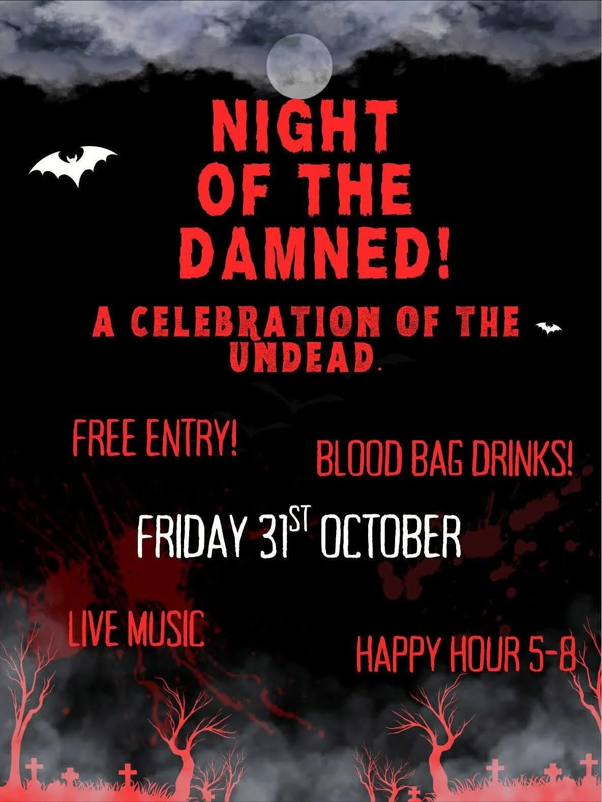 Tonight is the spookiest night of the year! Join us and become one of the damned undead dancing the night away to @thefirefliespartyband 10-late!🧛👻🔪🩸 
Happy hour drinks until 8, and ask the bar about some special drinks from 8 until stocks last! 
