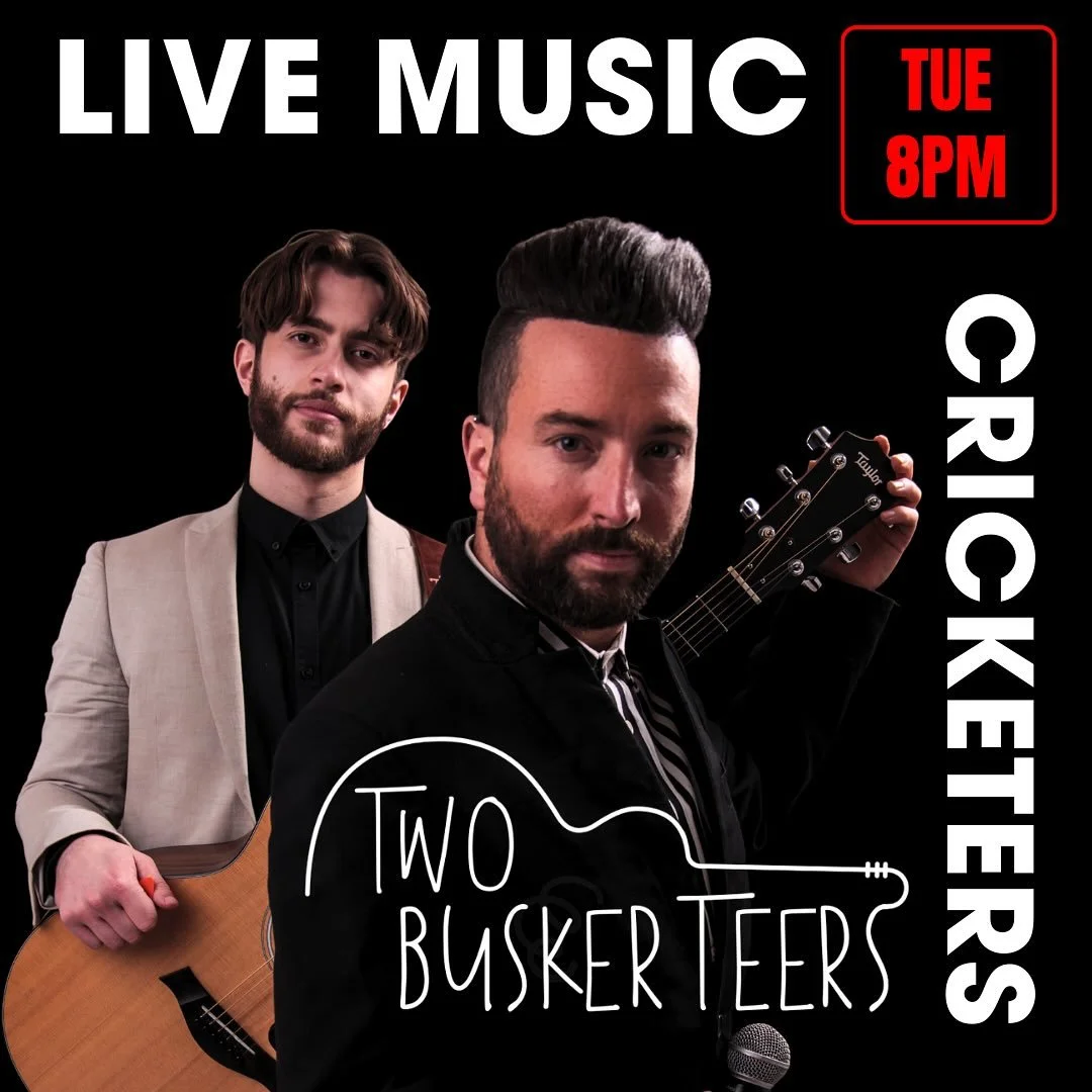 ✨🎶 LIVE TONIGHT at the cricketers 🎶✨
Get ready for an unforgettable night with the incredible Two Buskerteers 🎸🎤, performing from 20:15 till late!
Plus, happy hour kicks off from 5:00 till 8, offering something for everyone - come join us! 🍻