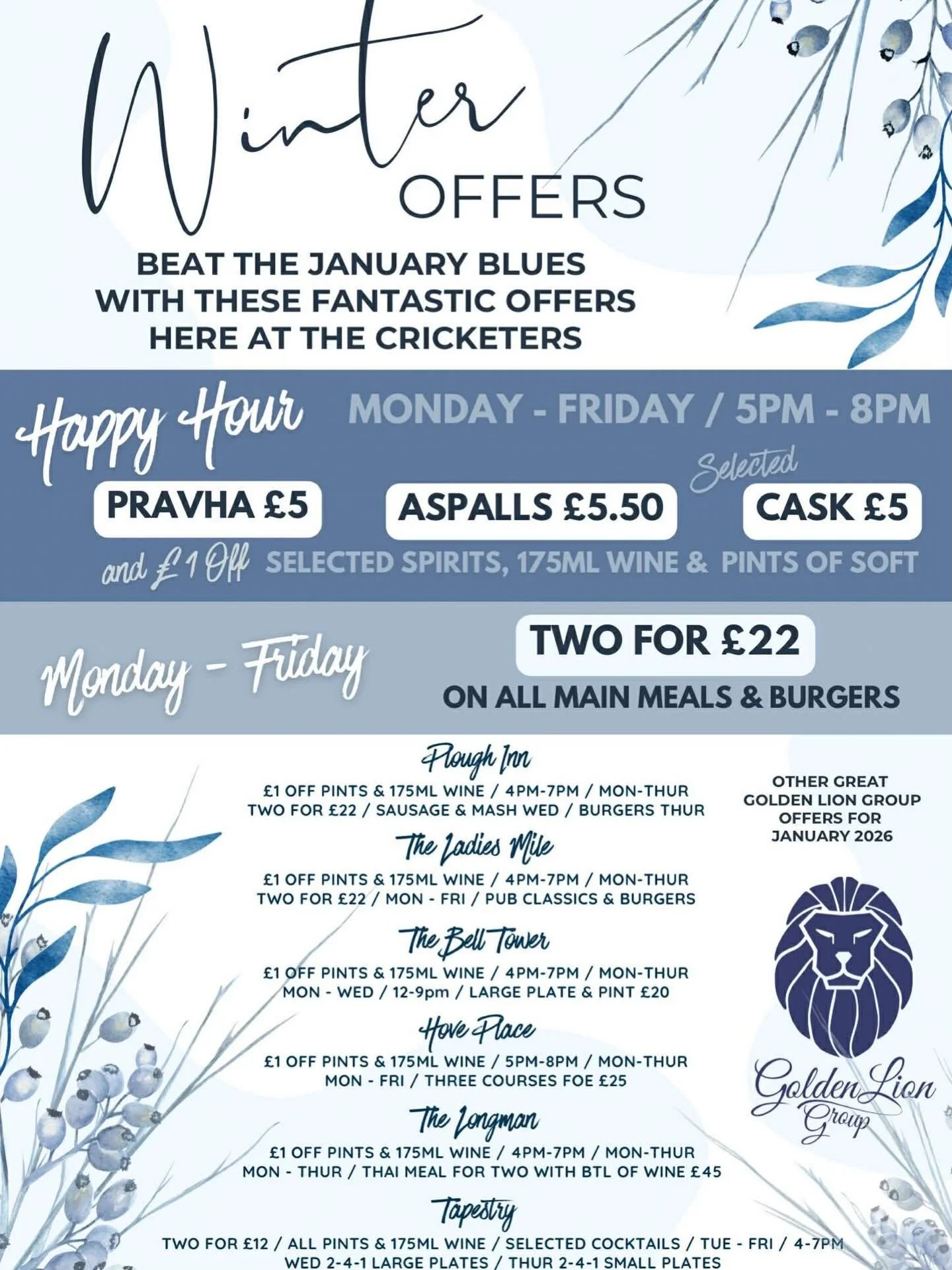 ❄️ Winter Offers are here! ❄️
Beat the January blues with some seriously good deals at The Cricketers 🍻🍔

✨ Happy Hour | Mon&ndash;Fri | 5&ndash;8pm
🍺 Pravha &pound;5
🍺 Aspalls &pound;5.50
🍺 Selected Cask &pound;5
➕ &pound;1 off selected spirits