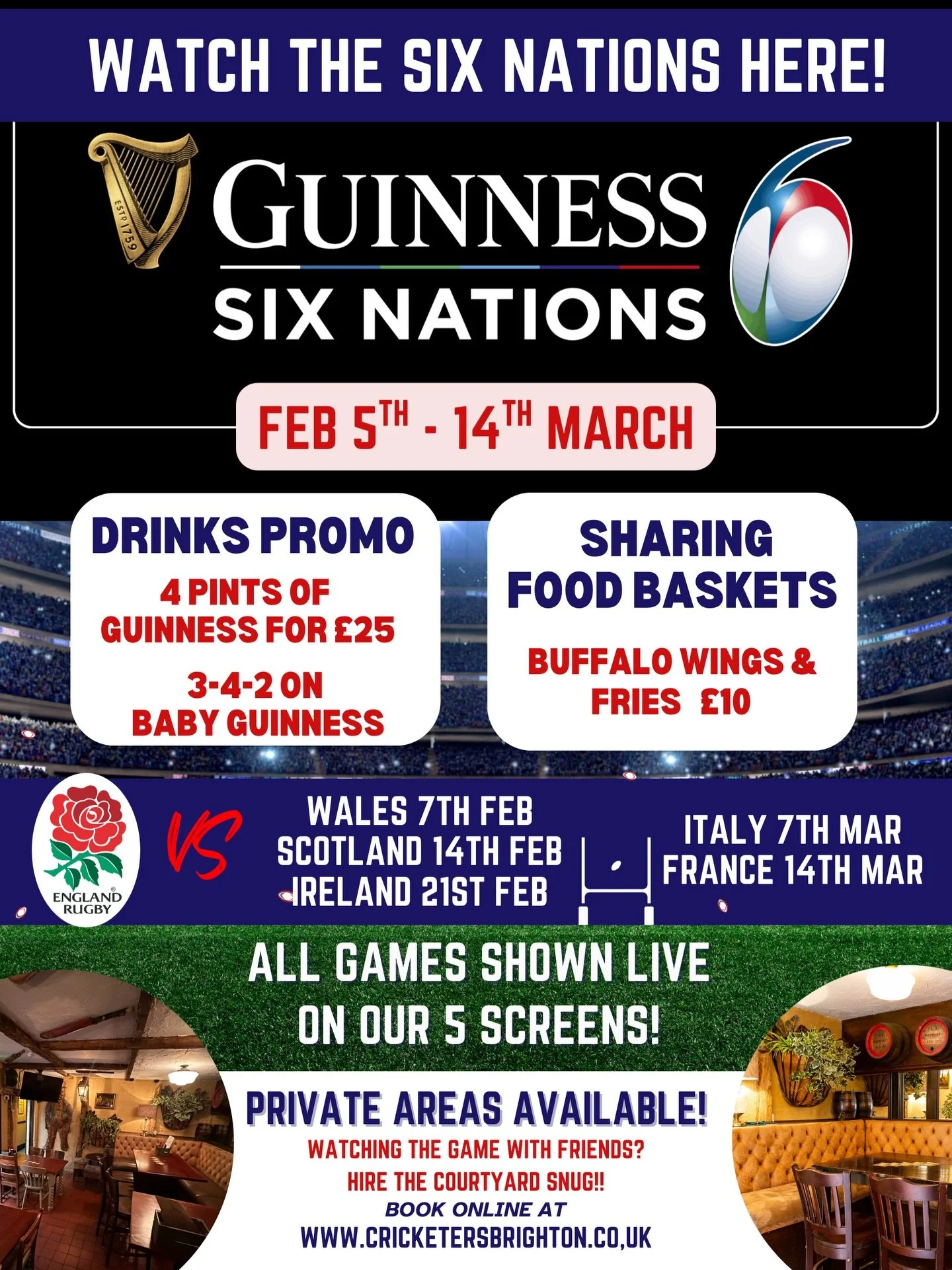 Six Nations season is officially ON at The Cricketers Brighton 🏉🍻

From Feb 5th &ndash; March 14th, we&rsquo;re showing ALL Six Nations games LIVE across 5 big screens, so you won&rsquo;t miss a single tackle, try, or controversial ref call.

🔥 Ma