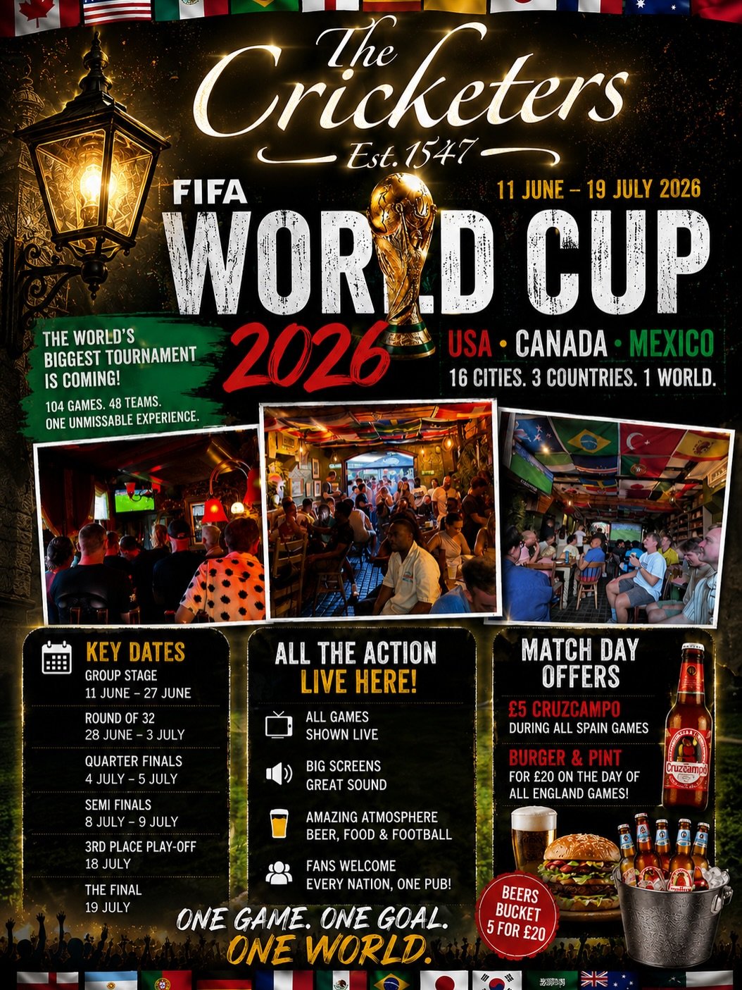 ⚽🏆 FIFA World Cup 2026 at The Cricketers 🏆⚽

The biggest World Cup in history is coming, and we&rsquo;re turning The Cricketers into the place to watch it.

🍺 Every game shown live
📺 Big screens &amp; great sound
🍔 Match-day food and drink offer