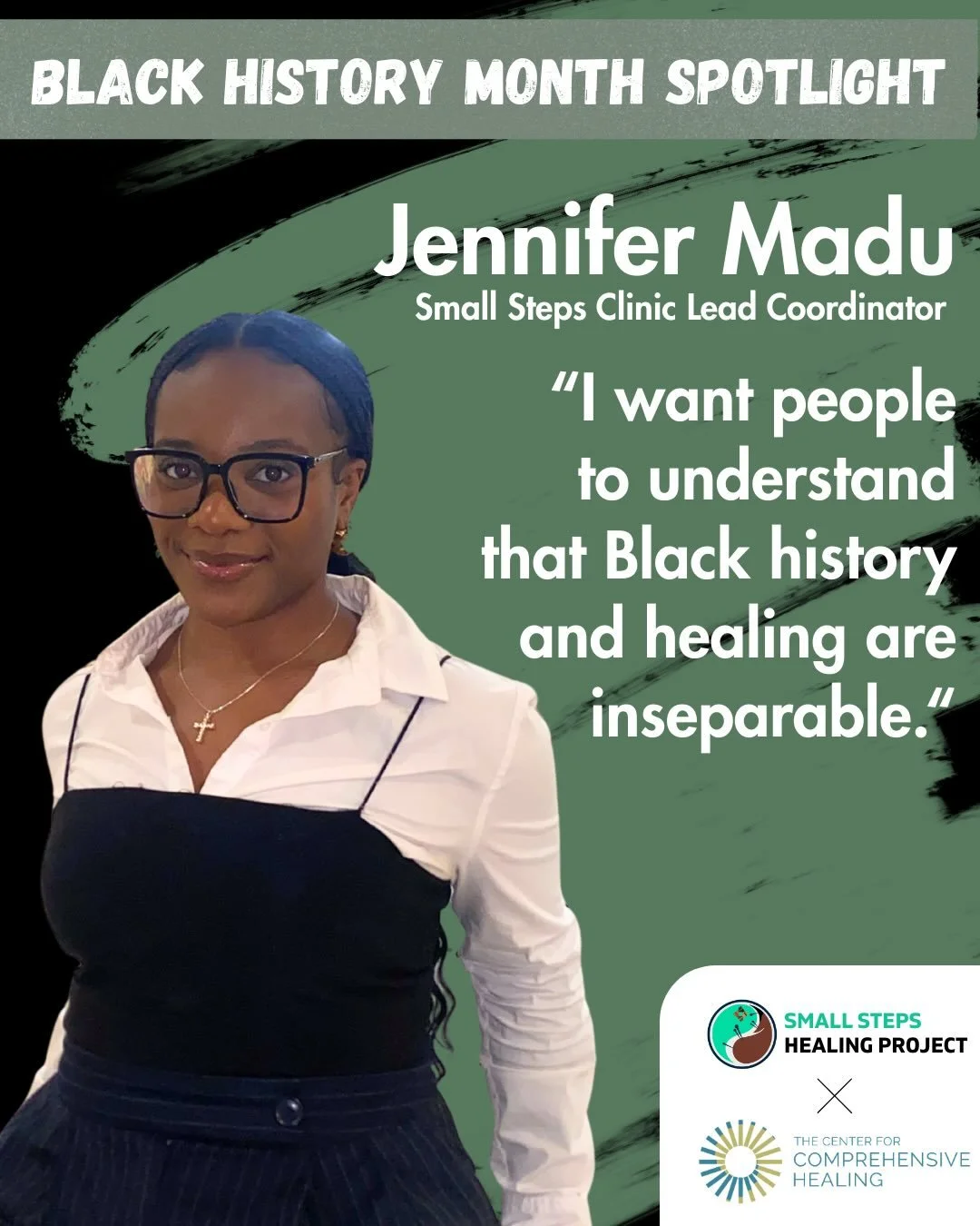 Introducing Jennifer Madu! Jennifer is the Small Steps Clinic Lead Coordinator @wegotusproject Read her interview with The Center For Comprehensive Healing on what healing means to her in the context of Black history below!❤️💚🖤

The Center For Comp