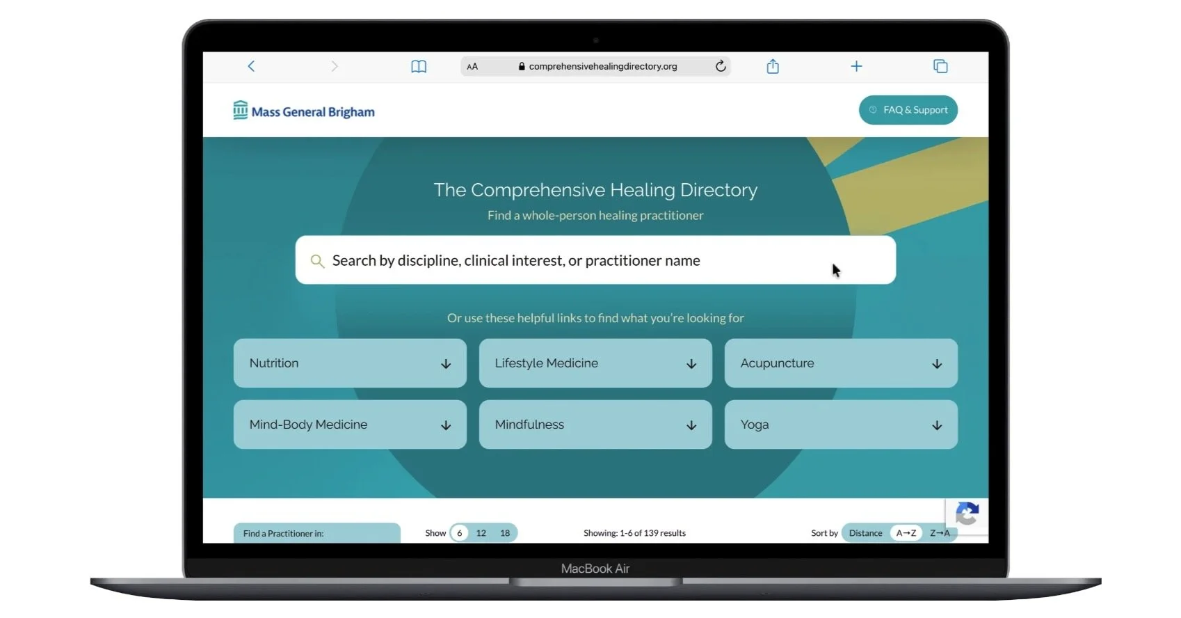 Screenshot of a website titled "The Comprehensive Healing Directory" on a MacBook Air, with a search bar and categories like Nutrition, Lifestyle Medicine, Acupuncture, Mind-Body Medicine, Mindfulness, and Yoga for finding a healing practitioner.