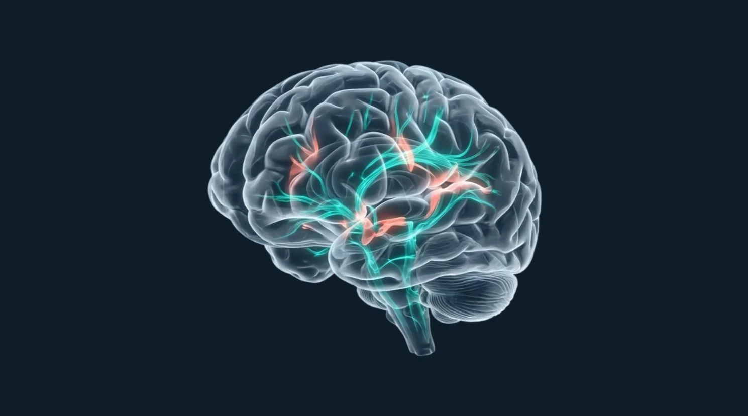 Digital rendering of a human brain with illuminated nerves and neural connections.