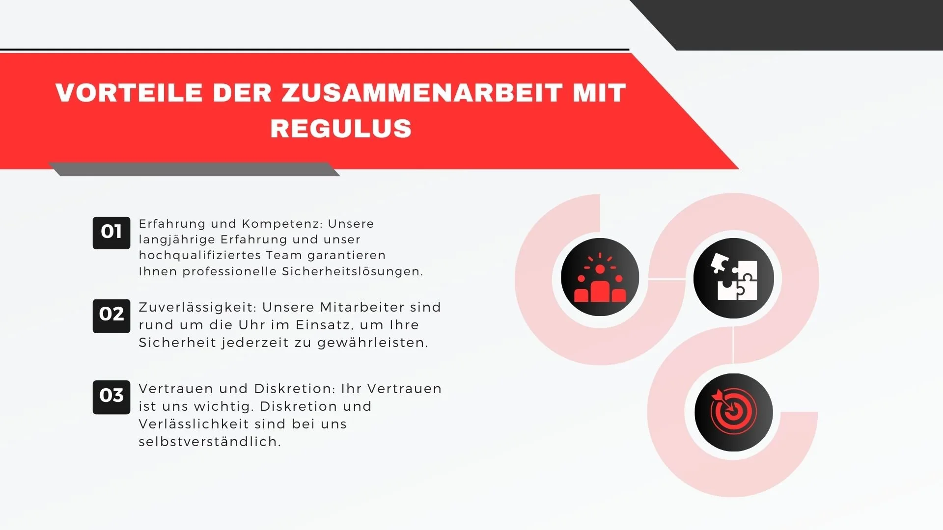 Infografik mit Vorteilen der Zusammenarbeit mit Regul, inklusive Punkt auf Erfahrung, Zuverlässigkeit und Vertrauen, mit entsprechenden Icons