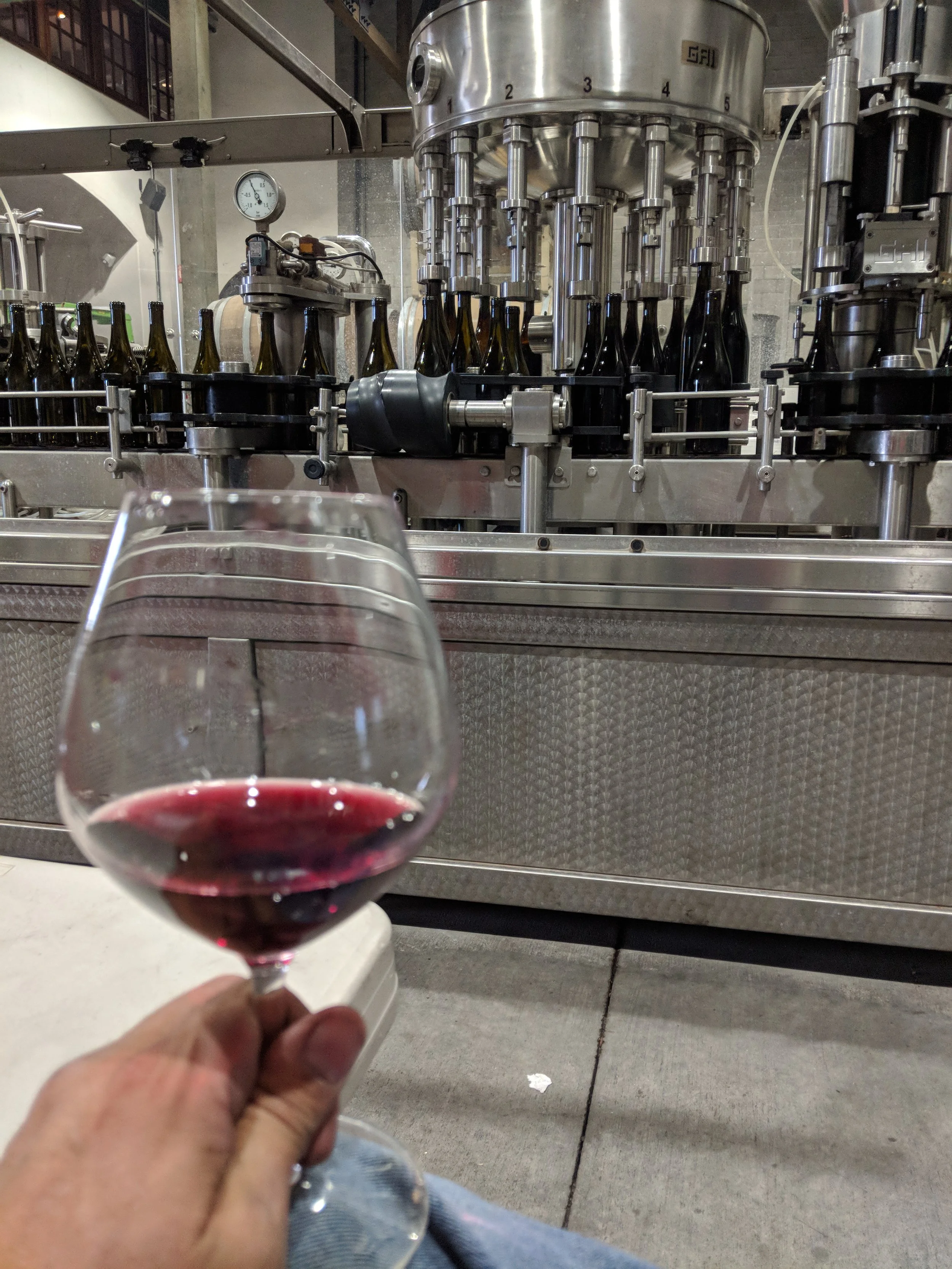 Red wine bottling line with finished bottles during winery production.