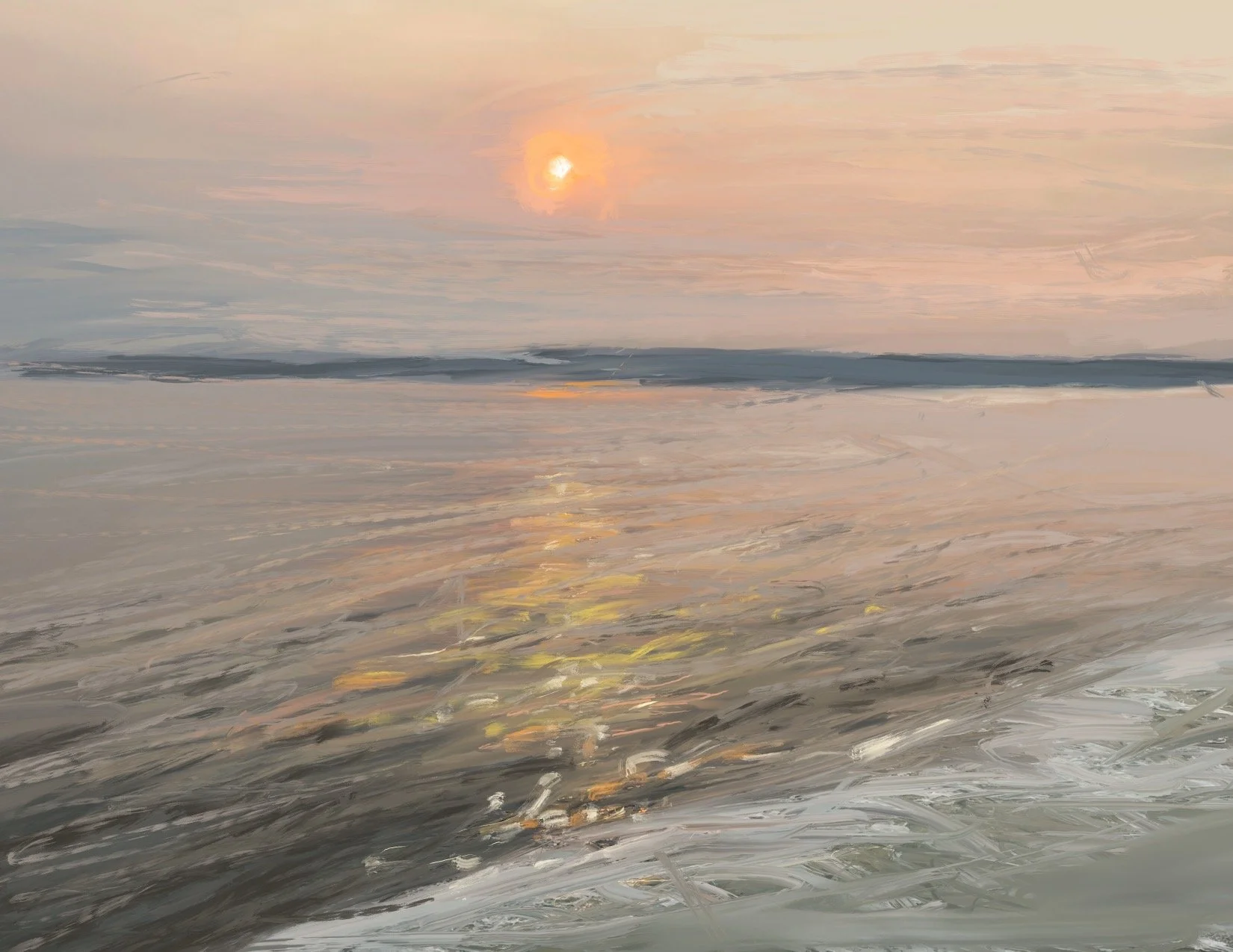 A digital painting of a sunset over a calm ocean, with the sun low in the sky and reflections on the water.