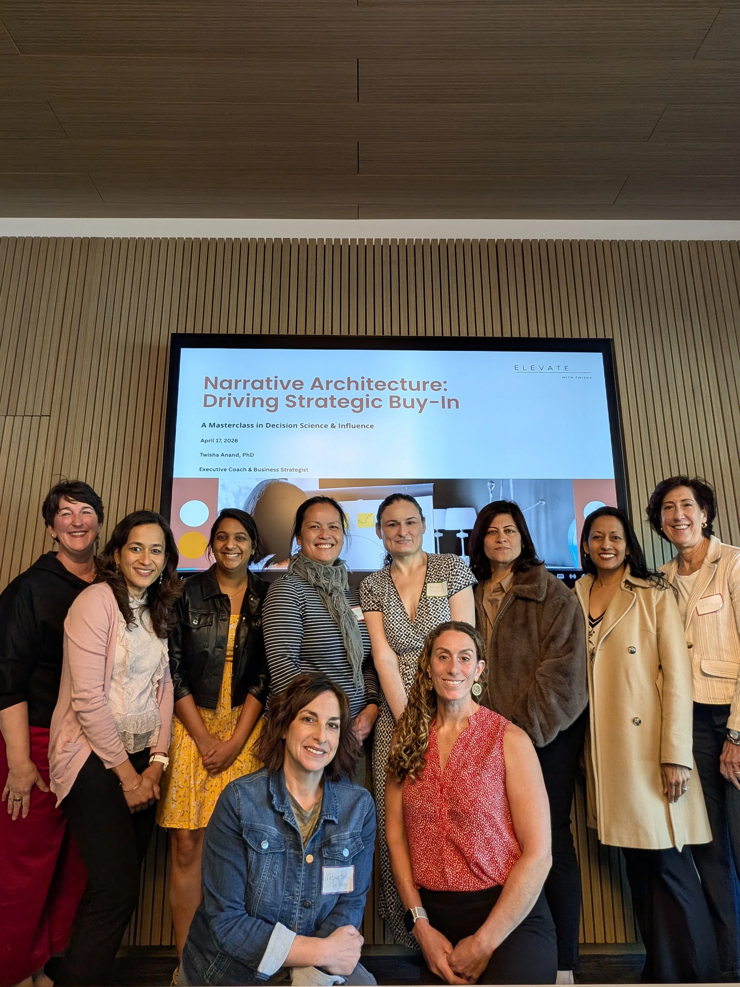 Executive leaders and founders participating in a strategic narrative workshop led by Twisha Anand PhD at The Alexandria at San Carlos.