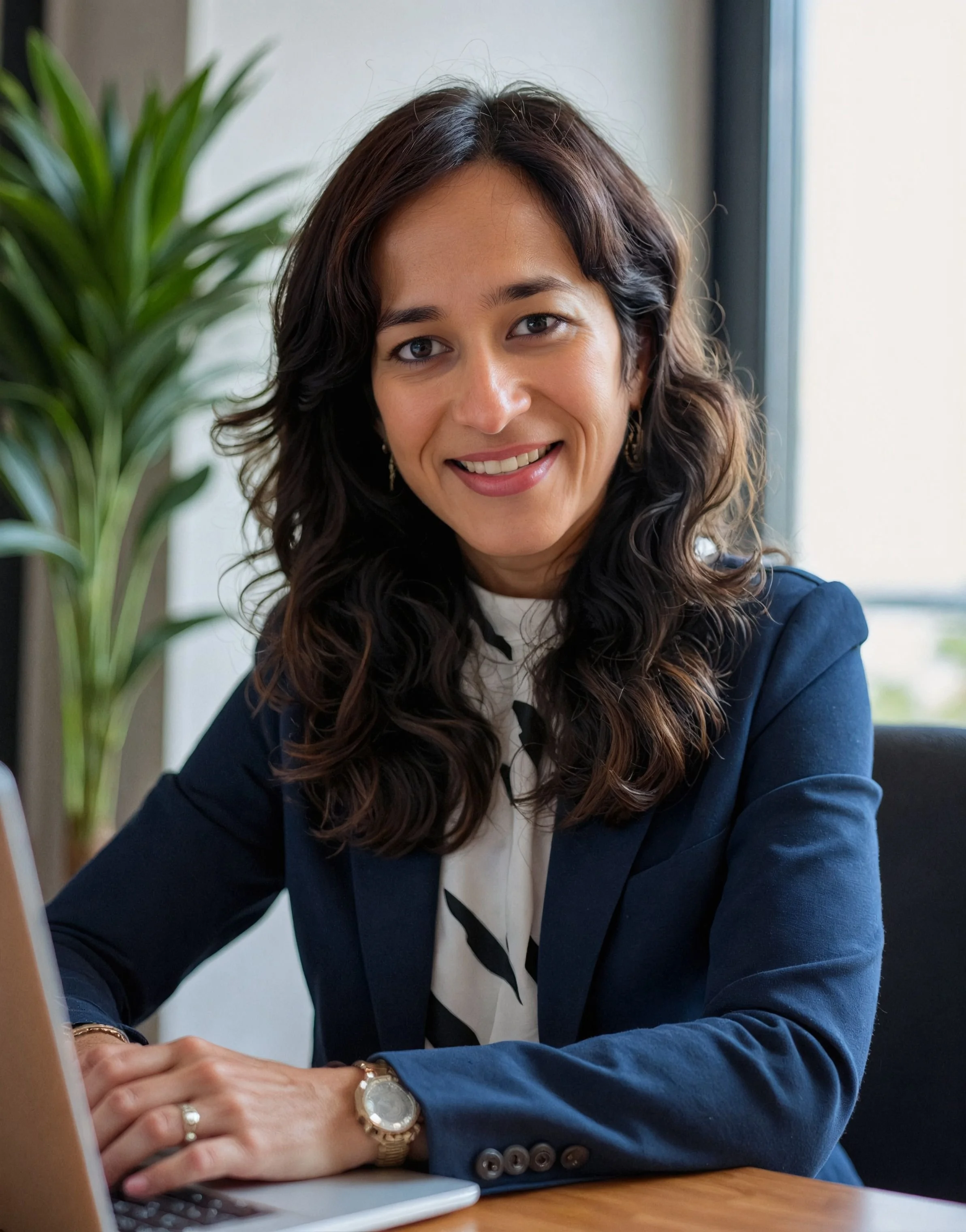 Businesswoman with dark wavy hair sitting at a desk, smiling, with a laptop and a green plant in the background.