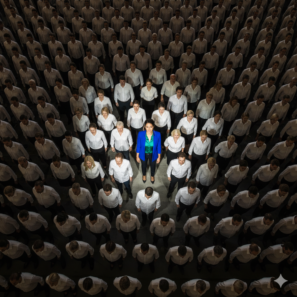 Graphic illustration representing the 'Beige-ification of Talent,' showing the risk of generic AI-generated professional profiles and the loss of unique executive voice.