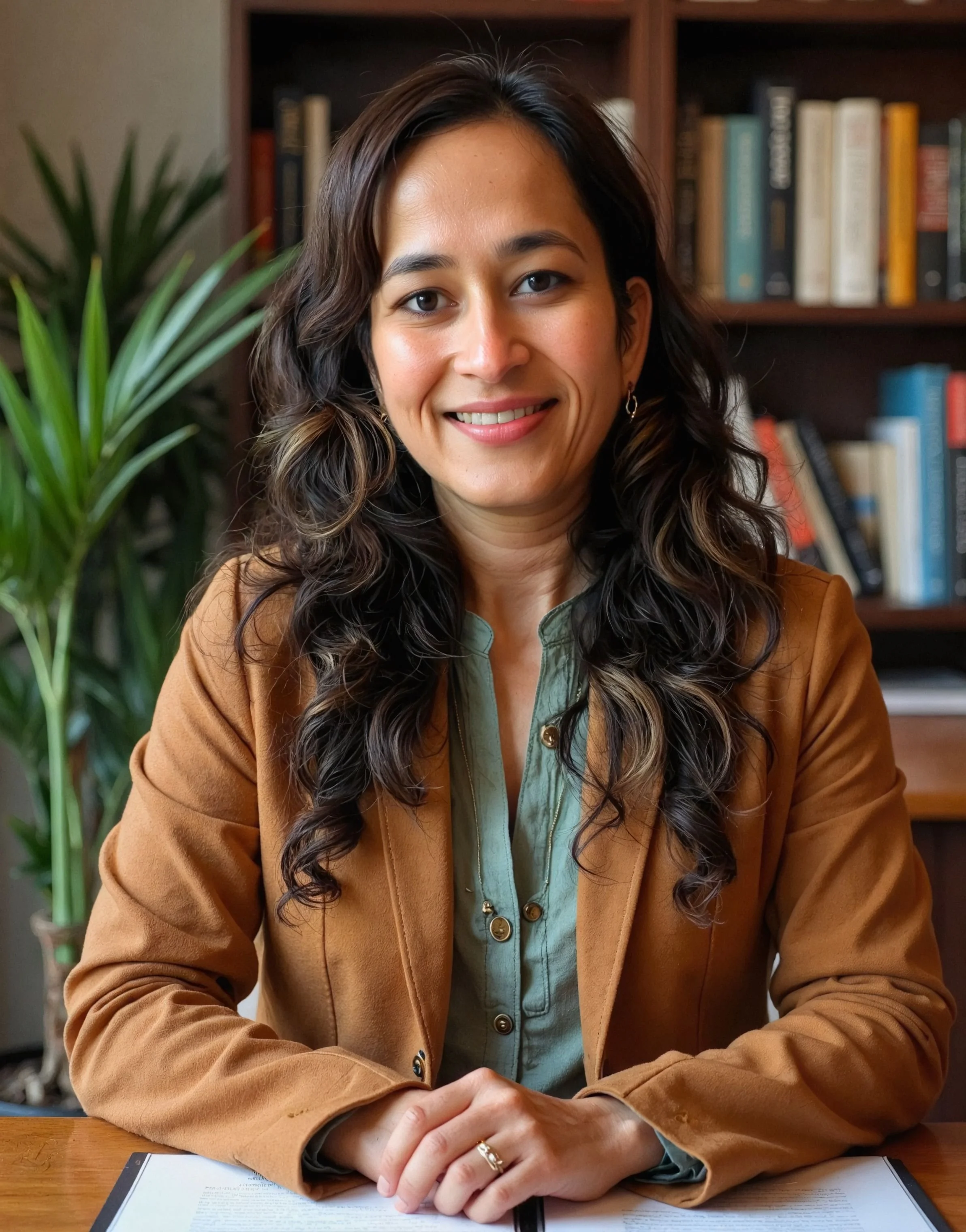 A woman with dark, curly hair smiling, sitting at a desk with a book or document in front of her. She is wearing a light green shirt and a brown blazer. Behind her is a bookshelf filled with books and a large green plant.