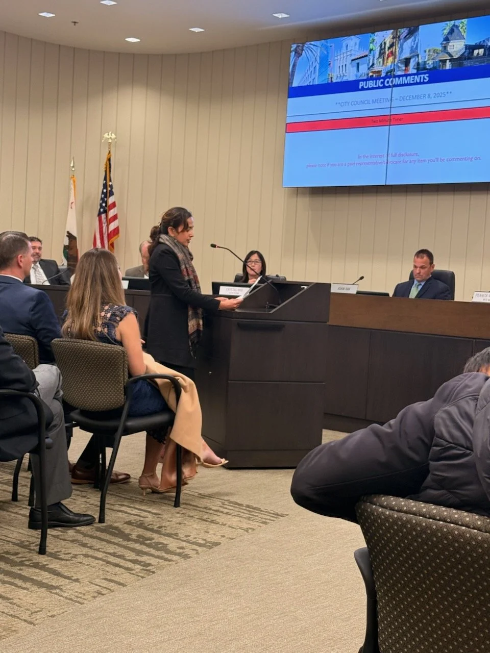 Twisha Anand, Planning Commissioner, speaking on leadership at San Carlos City Council.
