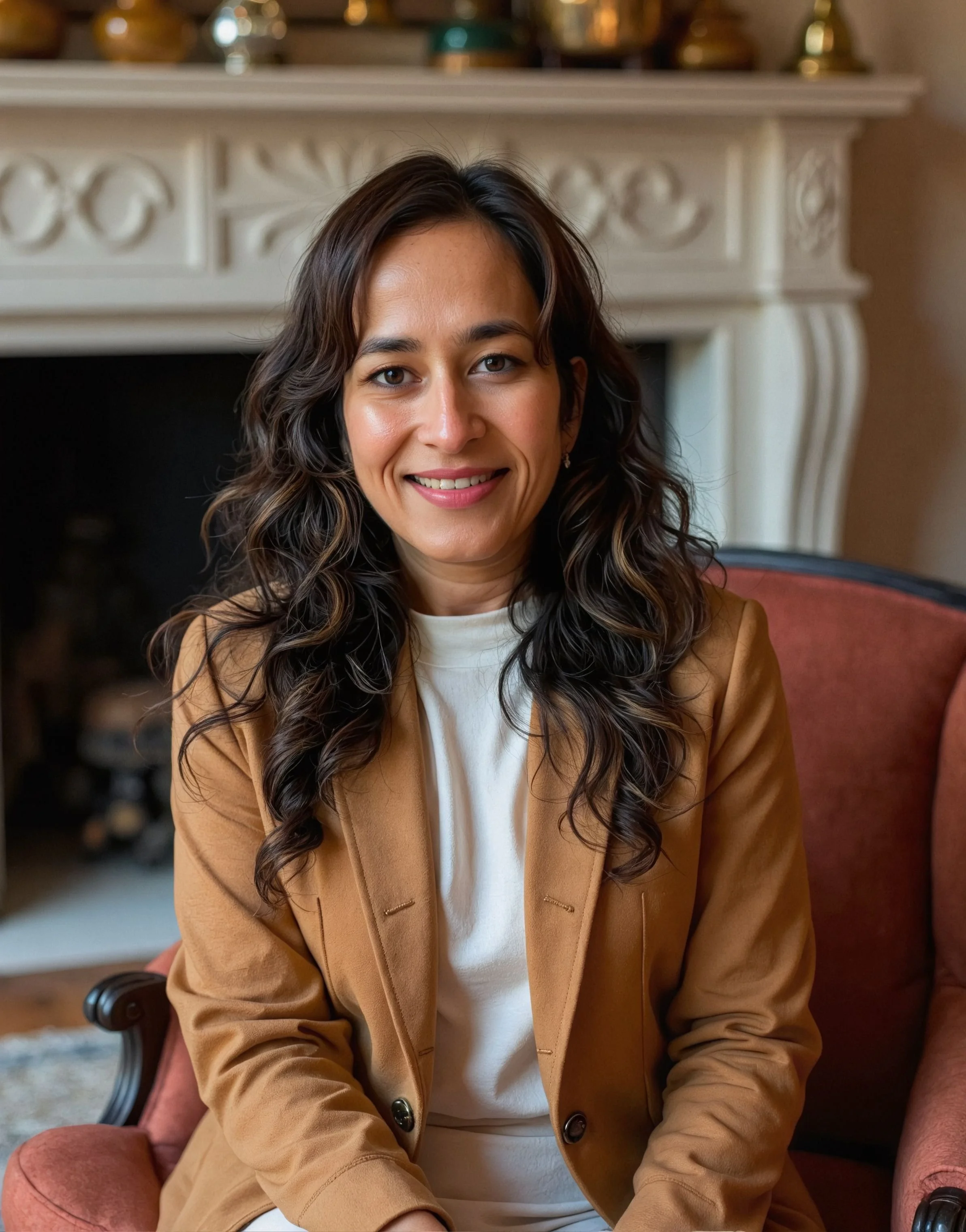 Coach Twisha Anand, PhD in a Brown pant suit sitting and smiling