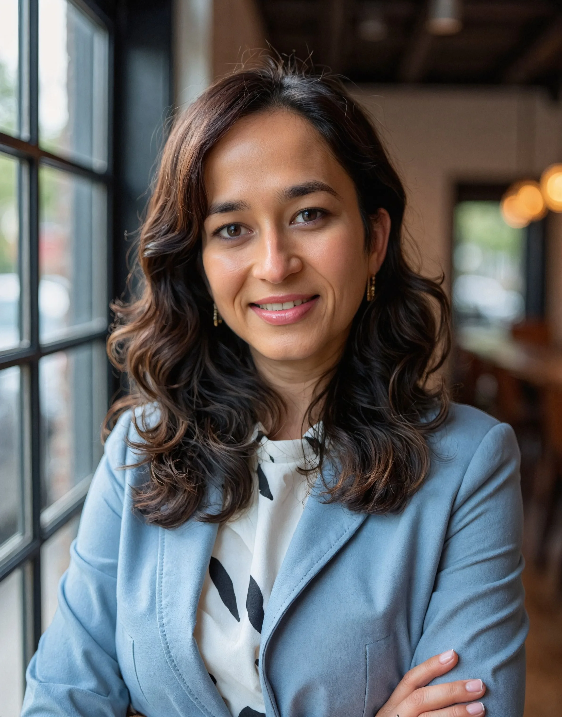 A woman with wavy dark hair and light skin, smiling, sitting by a window in a cafe or restaurant, wearing a light blue blazer and a white blouse with black patterns.
