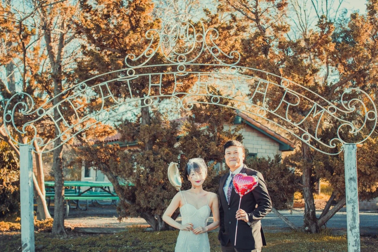 A couple dressed in formal attire standing outdoors under a metal archway that reads "Love the Herms". The woman is wearing a white dress with a birdcage veil and is holding a balloon shaped like a heart with the words "Love You". The man is wearing