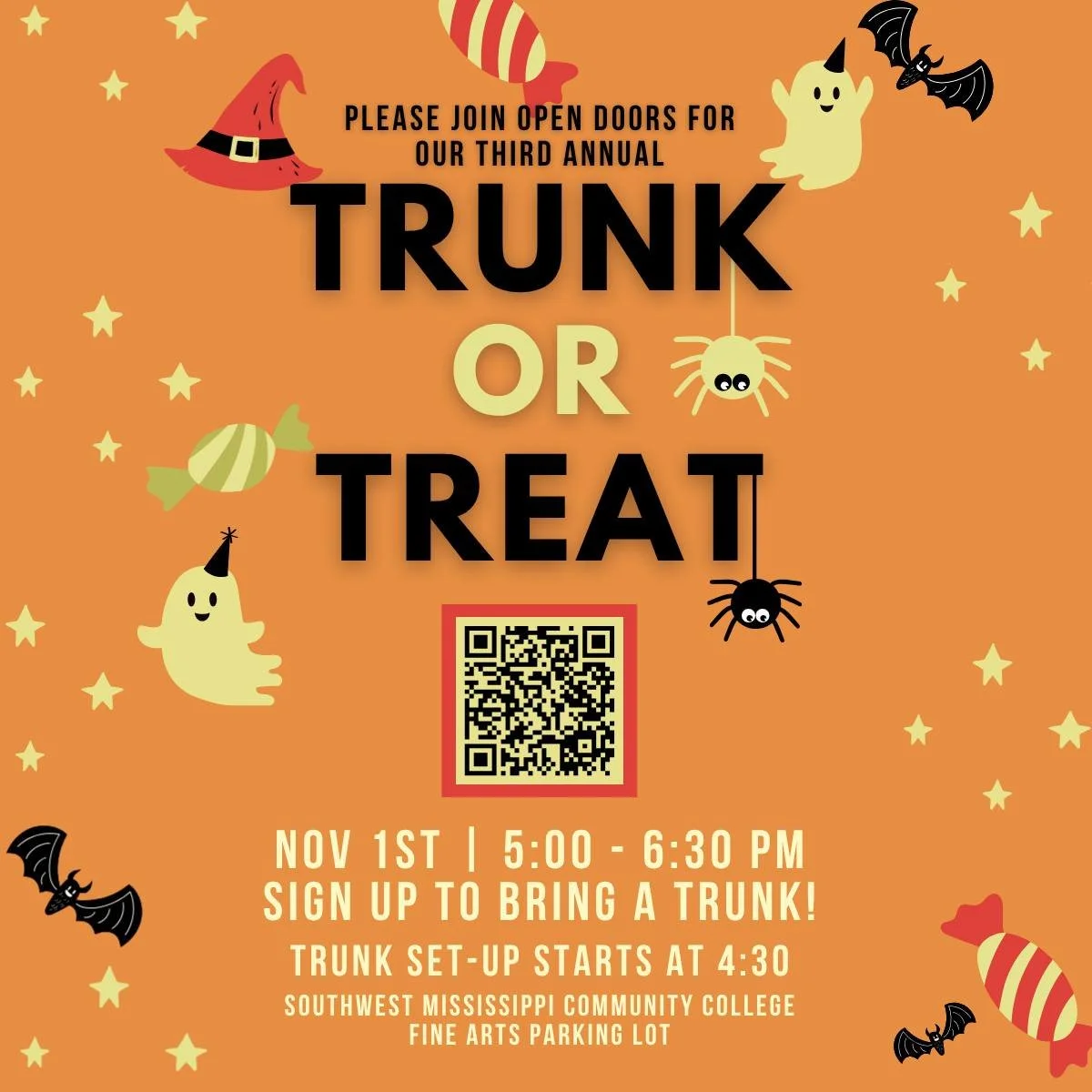 Join Open Doors for our third annual Trunk or Treat! It will be held in the parking lot of the Fine Arts Building at Southwest Mississippi Community College. Trunk set up starts at 4:30, and the trunk or treat starts at 5:00! For our actors' safety, 