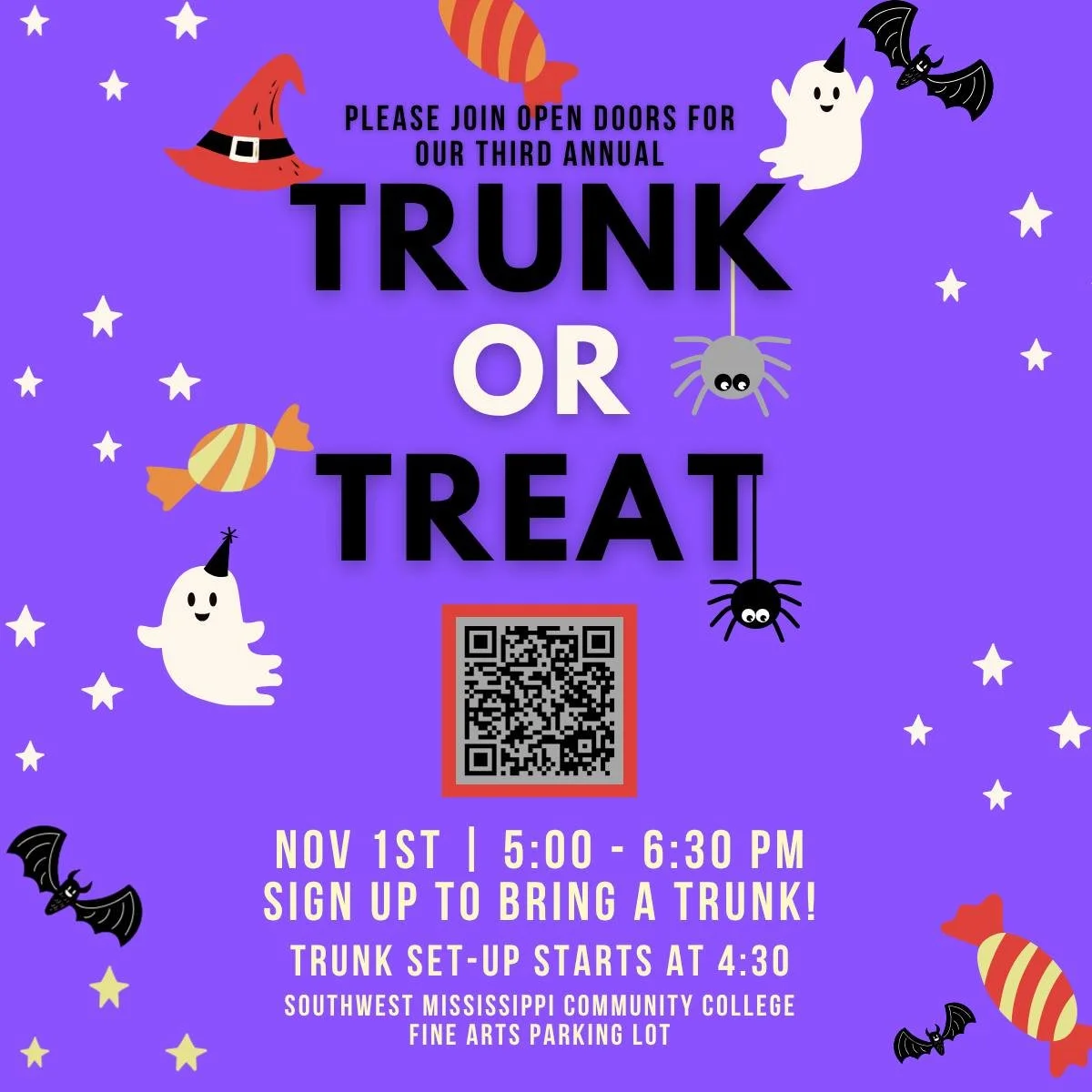 Don't forget to sign up to bring a car to the Open Doors Trunk or Treat tomorrow! We will be in the parking lot of the Fine Arts Building at Southwest Mississippi Community College. Trunk set up starts at 4:30, and the Trunk or Treat starts at 5:00! 
