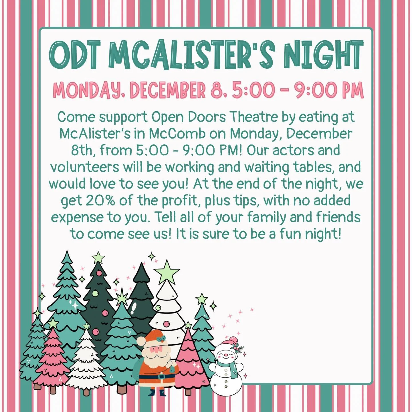 Come join us at McAlister&rsquo;s on Monday, December 8, from 5:00-9:00 PM!