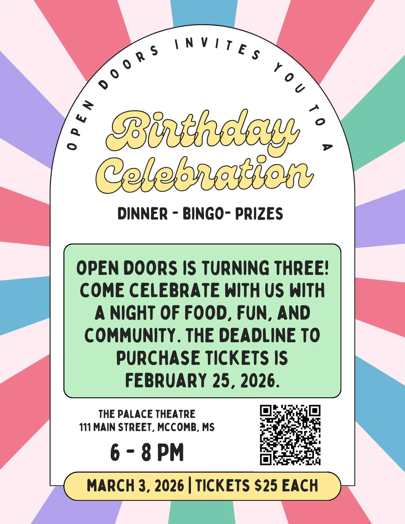 Come celebrate Open Doors' third birthday with us! All proceeds will go towards funding our summer production. It is sure to be a fun night! We hope to see you there!! 

The deadline to purchase tickets is February 25. Sign up at the link in our bio.