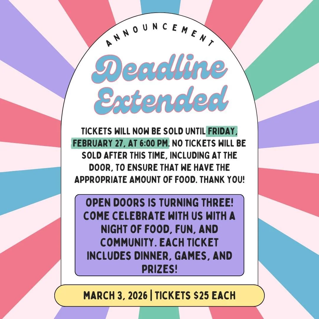 DEADLINE EXTENDED!

Come celebrate Open Doors' third birthday with us! All proceeds will go towards funding out summer production. It is sure to be a fun night! We hope to see you there!!

The NEW deadline to purchase tickets is Friday, February 27, 