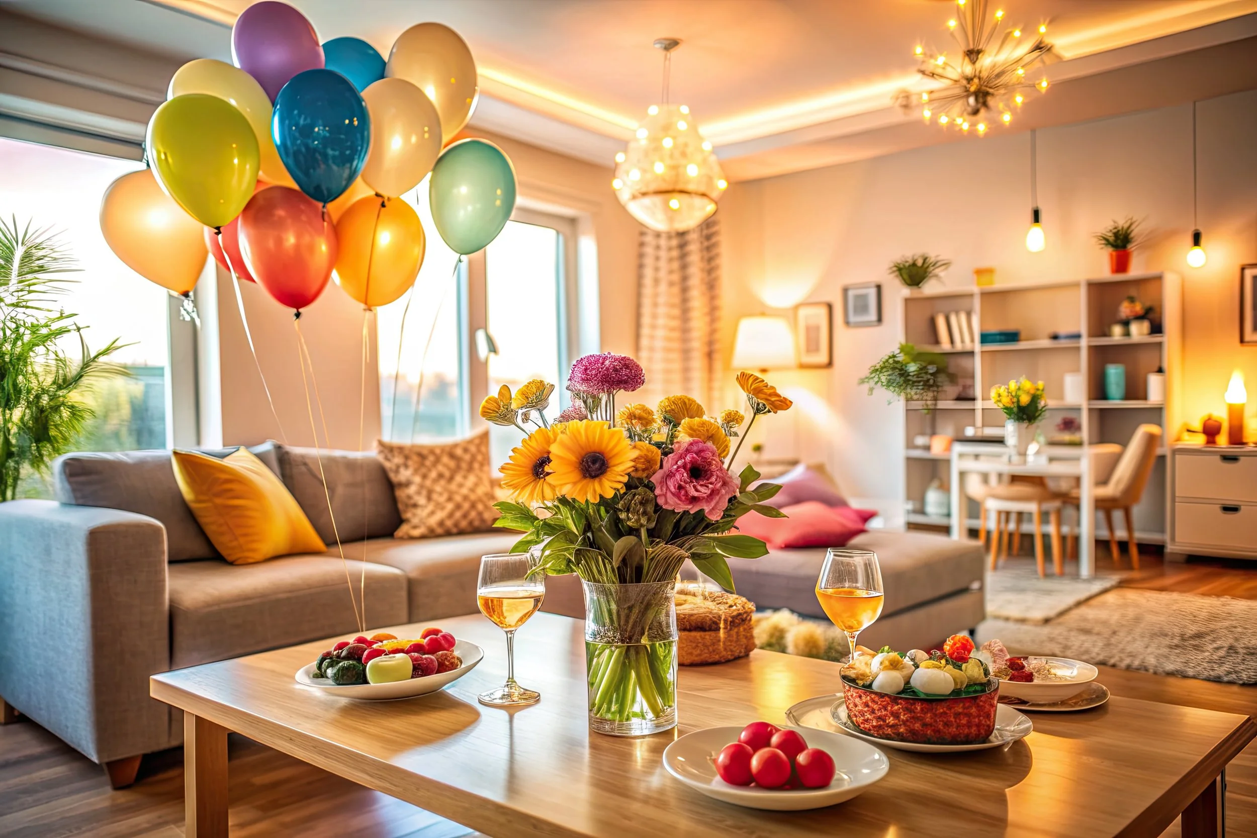 Living room with balloons, flowers, snacks, wine glasses, and modern decor.