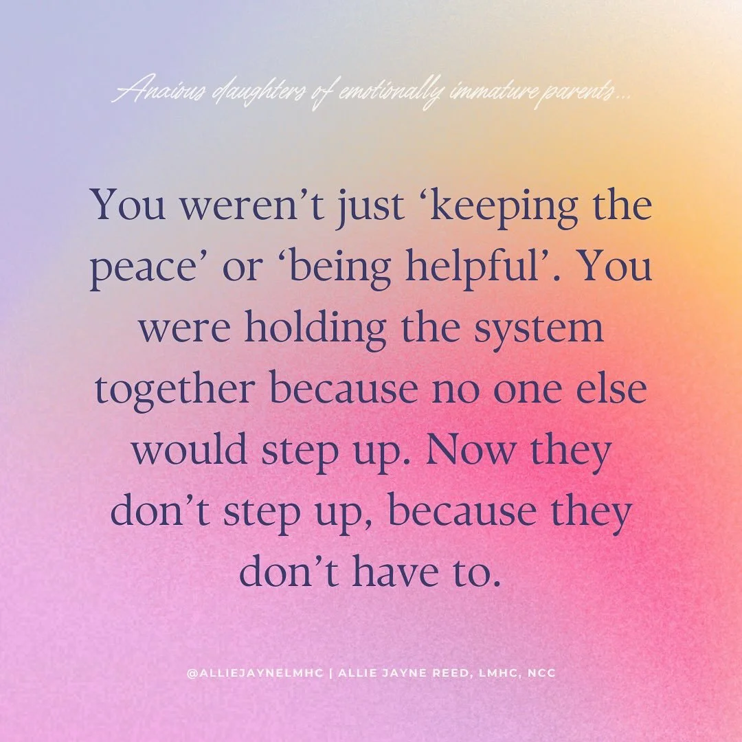 Emotionally mature parents step up to lead from a secure, regulated place, hold limits, solve problems when needed, empathize &amp; validate you, &amp; put in the work it takes to make a system functional while maintaining emotional presence (consist