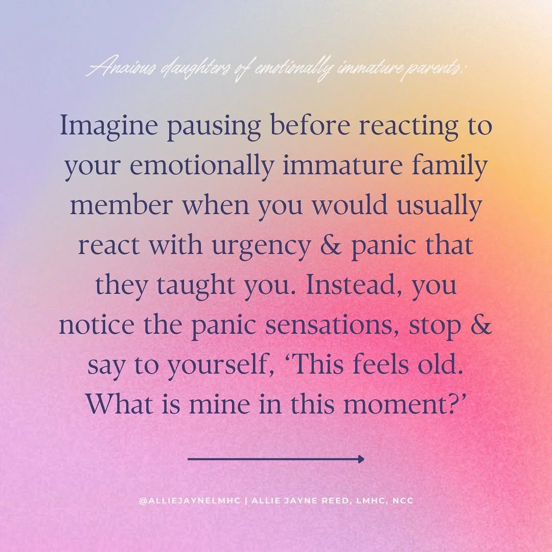 Imagine pausing before reacting to your emotionally immature family member when you would usually react with urgency &amp; panic that they taught you. Instead, you notice the panic sensations, stop &amp; say to yourself, &lsquo;This feels old. What i