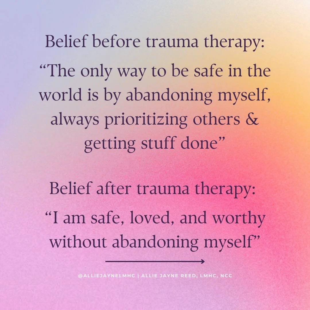 Trauma causes us to form negative beliefs about ourselves, others &amp; the world. These beliefs shape our interpretations of various events or stimuli (aka triggers), which usually leads to some form of avoidance.

Trauma therapy interrupts these pa