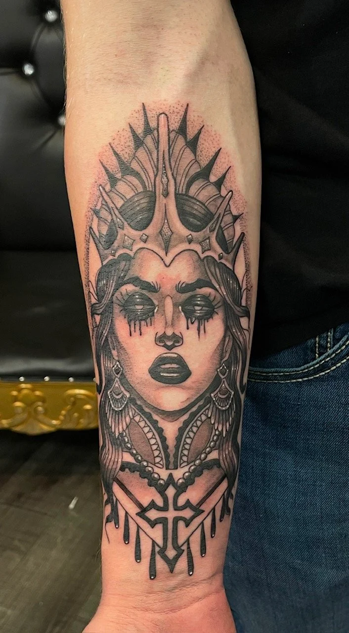 Black and grey neo trad lady face tattoo.