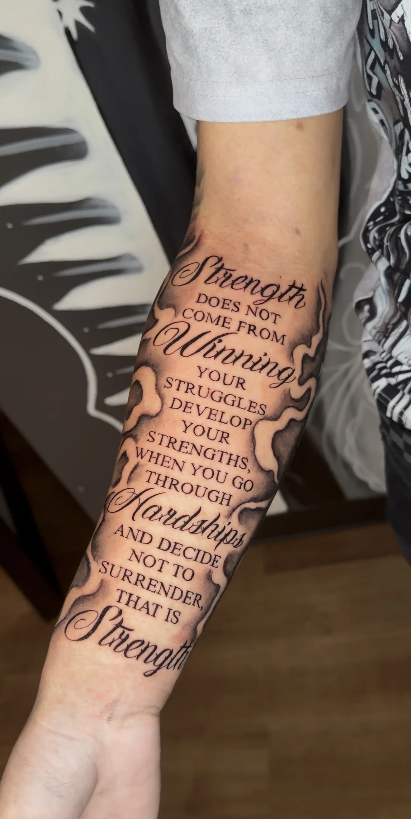 Fineline script tattoo or inner forearm by Oscar
