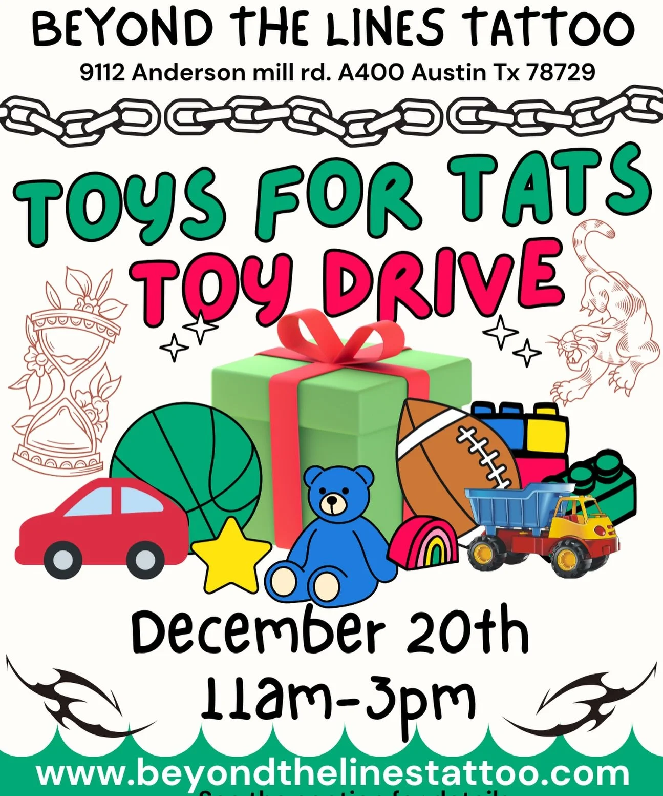 We&rsquo;re giving back this holiday season ❤️
Join us at Beyond the Lines Tattoo on December 20th from 11-3pm for our Toys for Tattoos toy drive. Bring a gift, bring some holiday spirit, and let&rsquo;s bless some families together.

Toy-for-Tattoo 