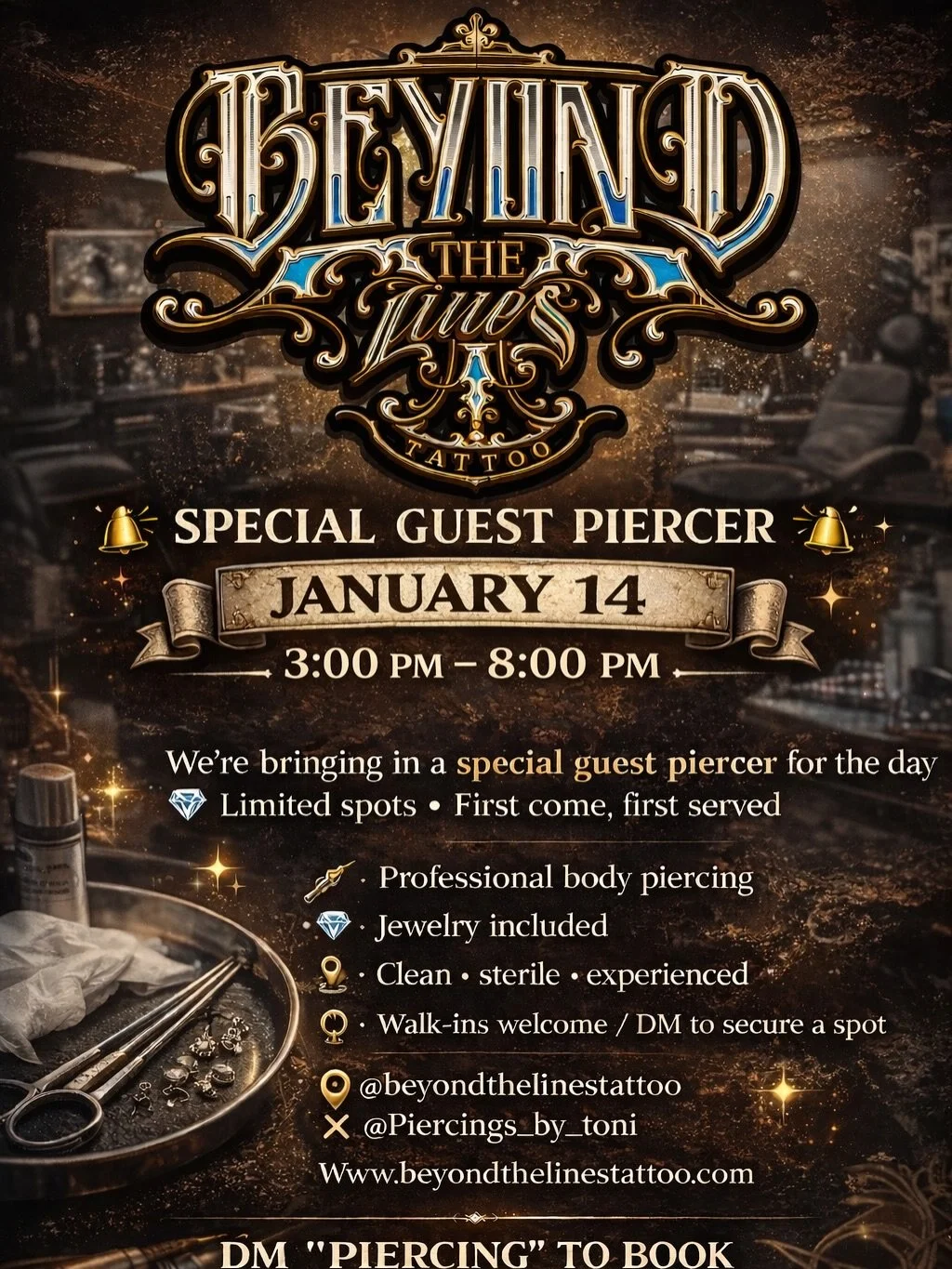 Piercings and tattoos, all in one spot 🔥

Special guest piercer @piercings_by_toni pulling up January 14 | 3&ndash;8 PM 
One day only, were running it Back to Back!!! &mdash; limited spots, first come first served. SEE NEXT SLIDE FOR DETAILS 

@beyo