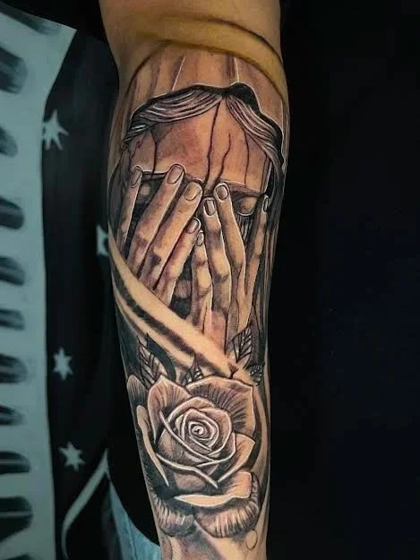 virgin marry tattoo done in black and grey 