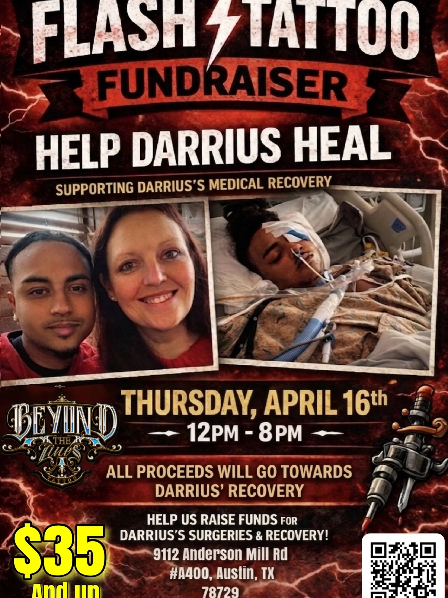 FLASH ⚡ TATTOO FUNDRAISER

Join us Thursday, April 16th from 12PM&ndash;8PM as we come together for something bigger than tattoos. Darrius is fighting through a long and difficult recovery, and he truly needs our help right now ❤️&zwj;🩹

All proceed