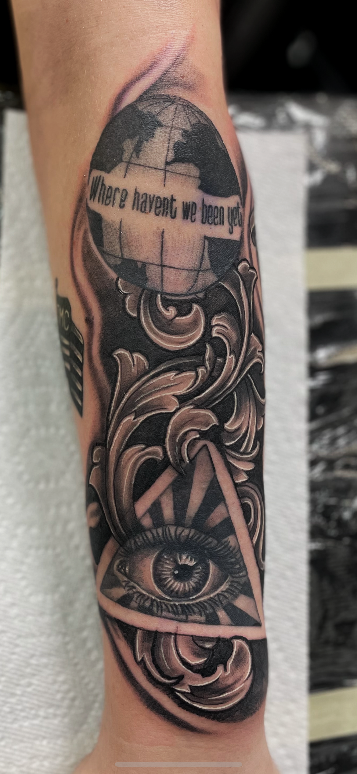 Black and Grey realism half sleeve done by Aaron Linaje at Beyond the lines tattoo in Austin, Texas.