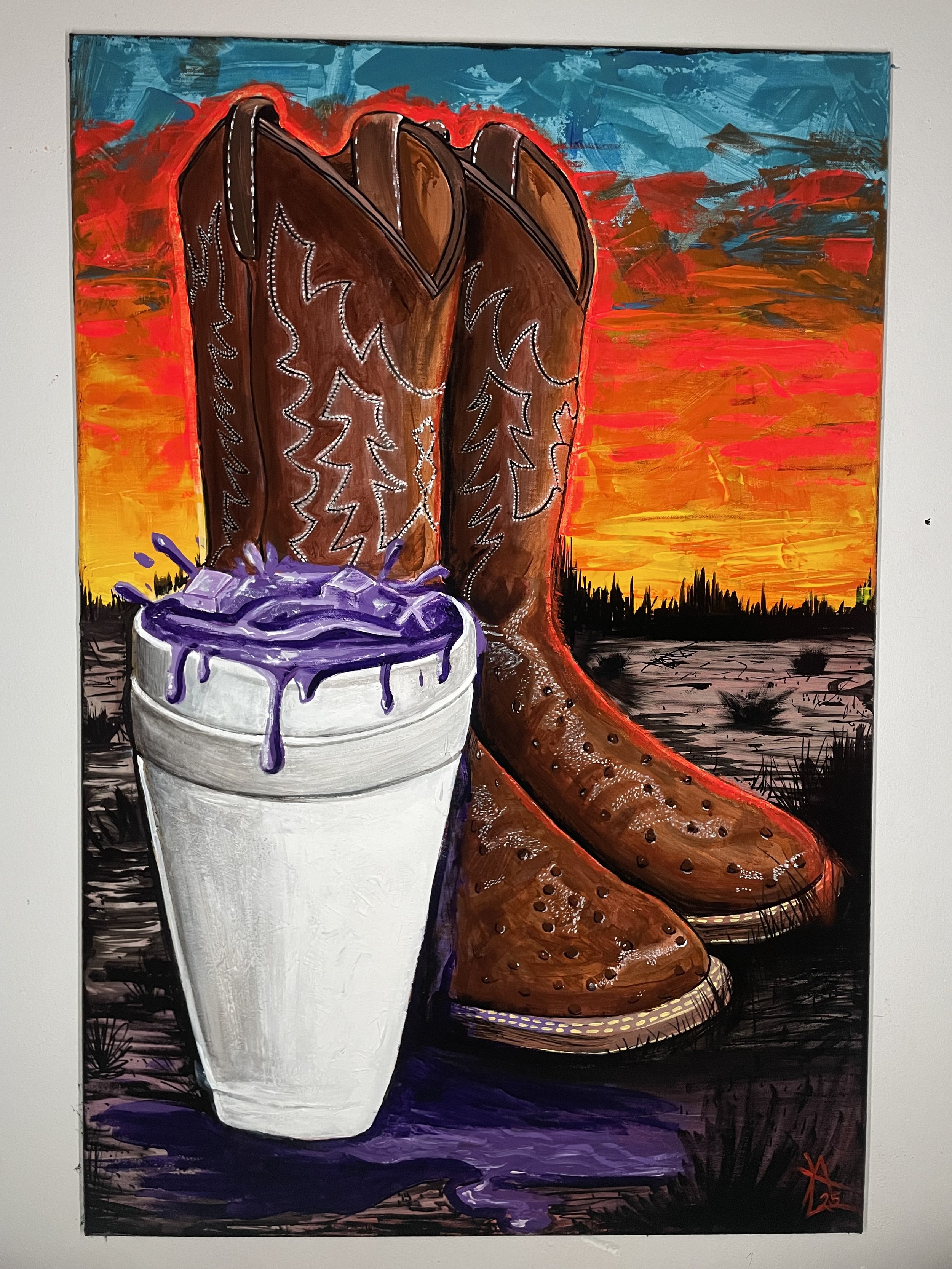 Cowboy boots with a cup of drank. Painting by Aaron LInaje