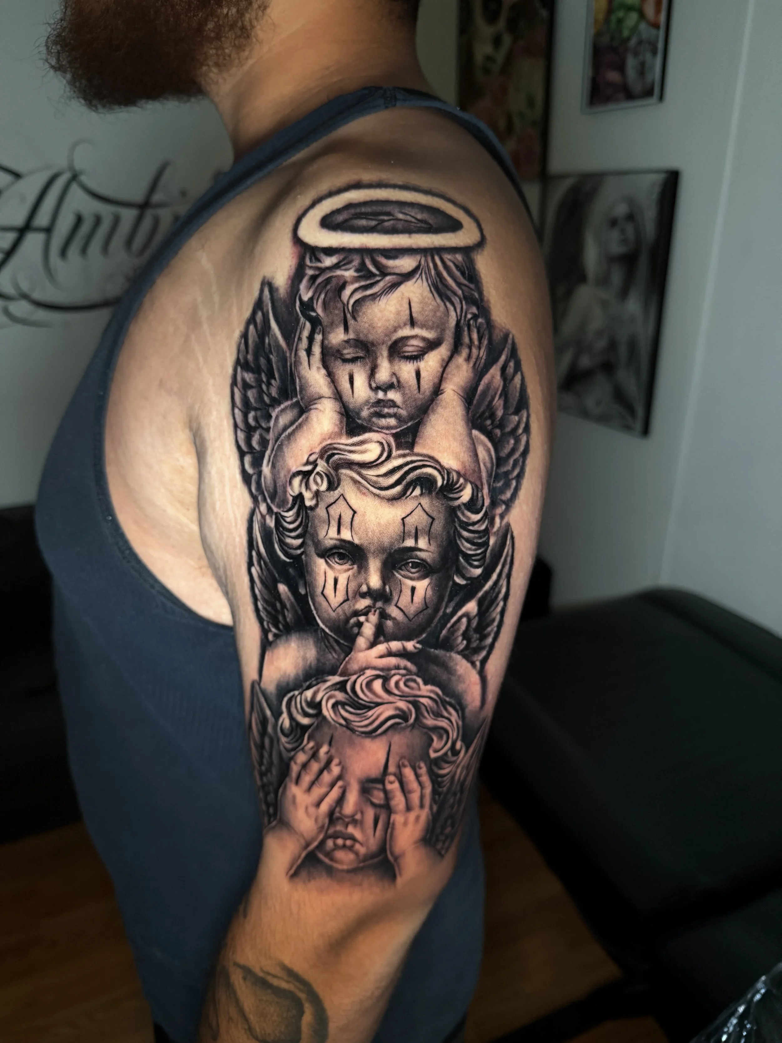 Hear no evil, speak no evil, see no evil angel tattoo done by Oscar