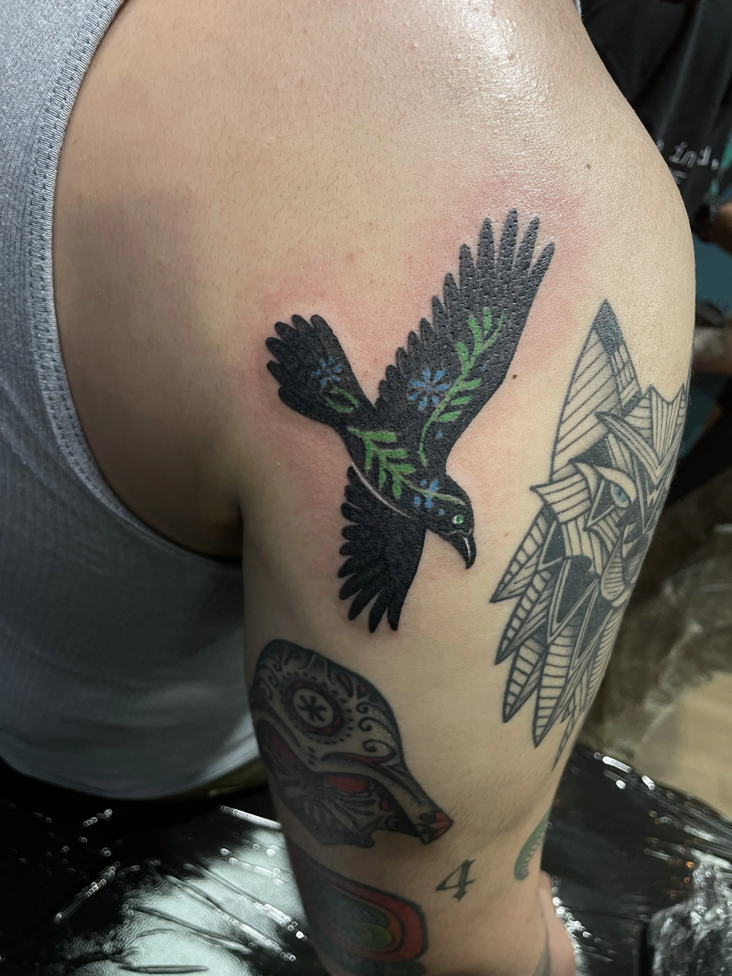 Mexican Raven inspired tattoo done by Aaron LInaje in Austin, Texas. 
