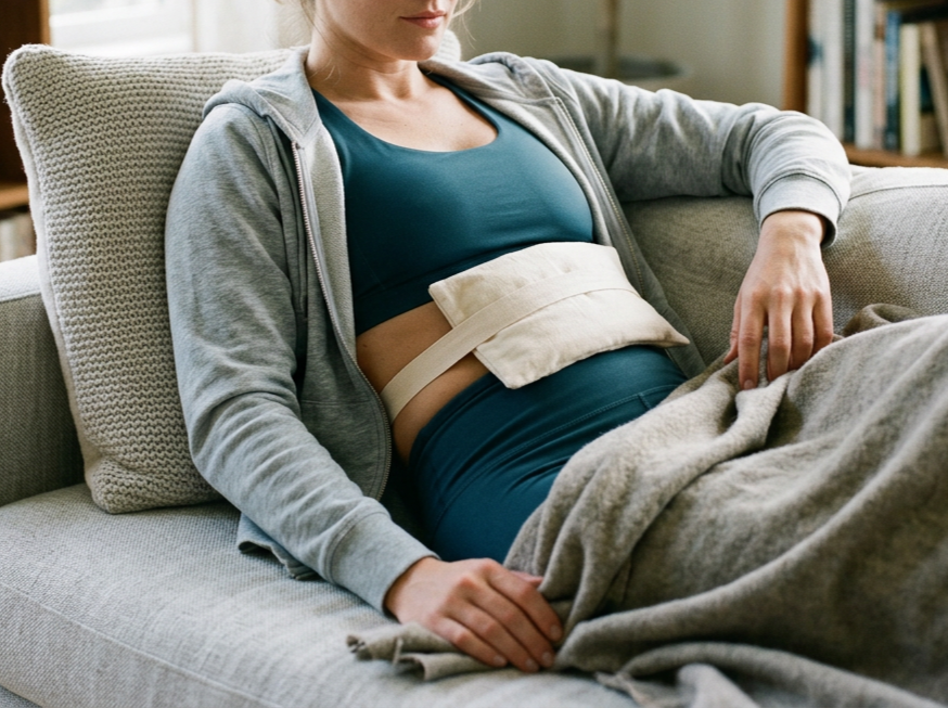Woman showing how to wear a castor oil pack on her abdomen for gentle detoxification