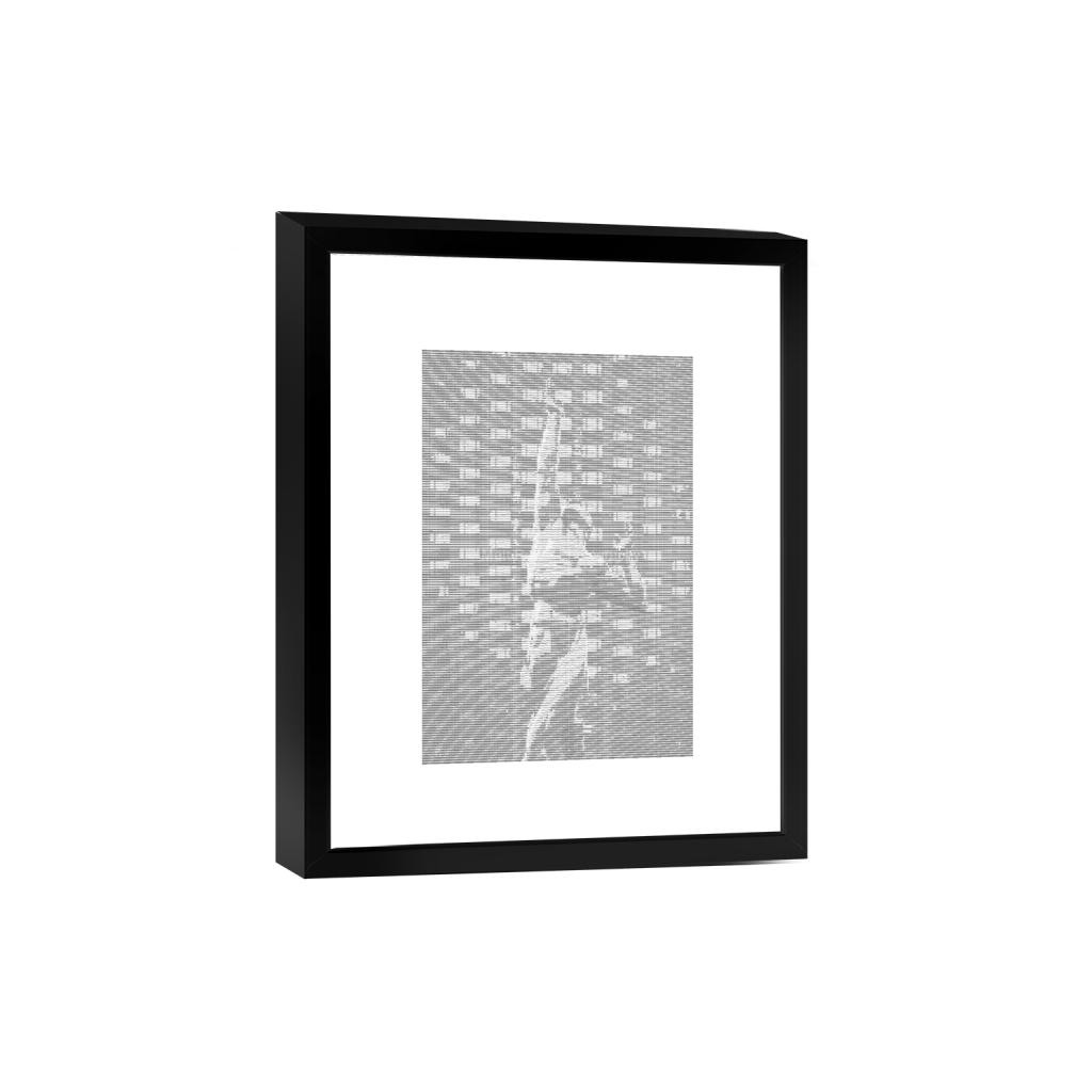 ASCII art print of the Fountain of Eternal Life against a building in Cleveland Ohio