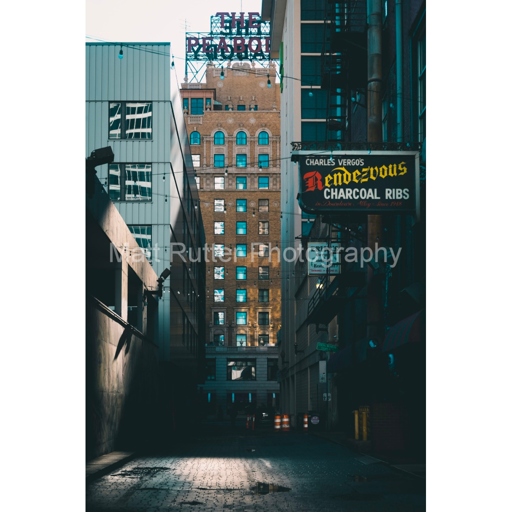 A view down Rendezvous Alley towards the Peabody Hotel in Memphis TN