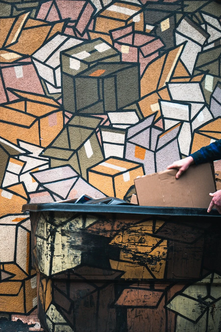 A person tosses a flattened cardboard box into a dumpster in front of a colorful mural filled with overlapping, stylized box illustrations, blending real life with the painted background.