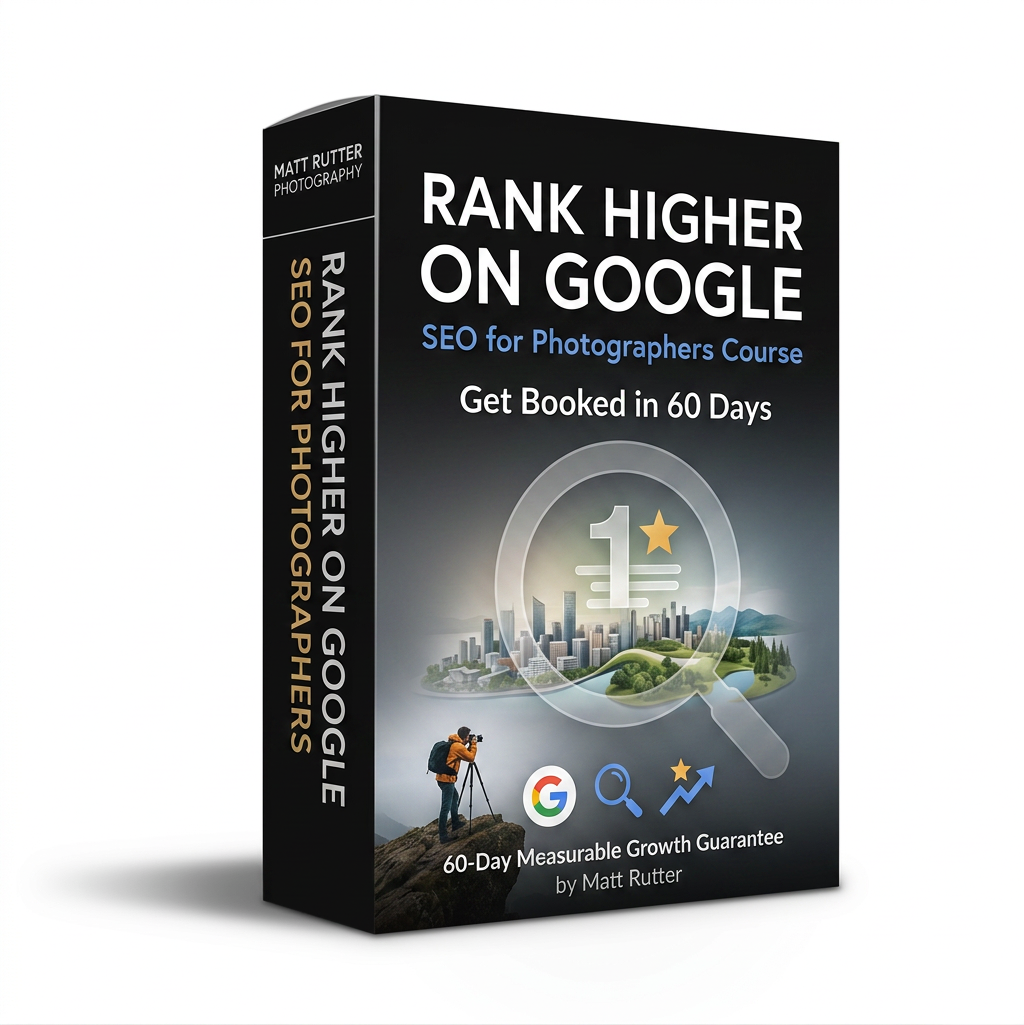 Book titled "Rank Higher on Google: SEO for Photographers Course" by Matt Rutter, featuring a skyline with a cityscape, a magnifying glass, and icons of Google, a magnifying glass, and an upward arrow, promising to improve search engine ranking for photographers.