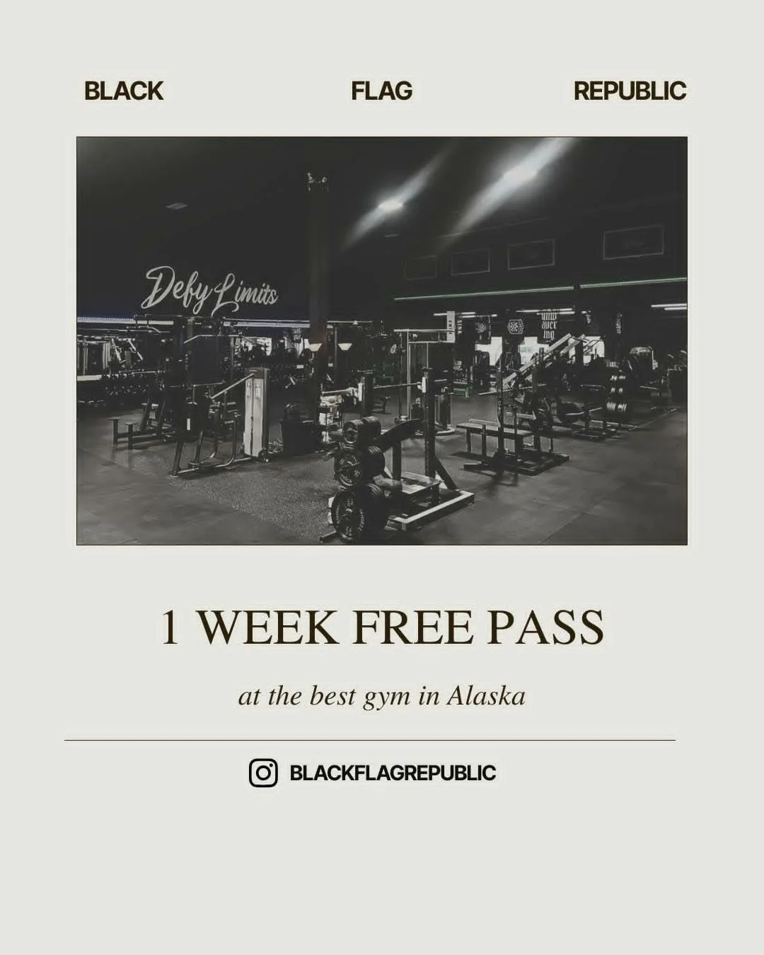 Advertisement for Black Flag Republic gym in Alaska offering a one-week free pass, with an image of gym equipment in a dark, modern fitness center.